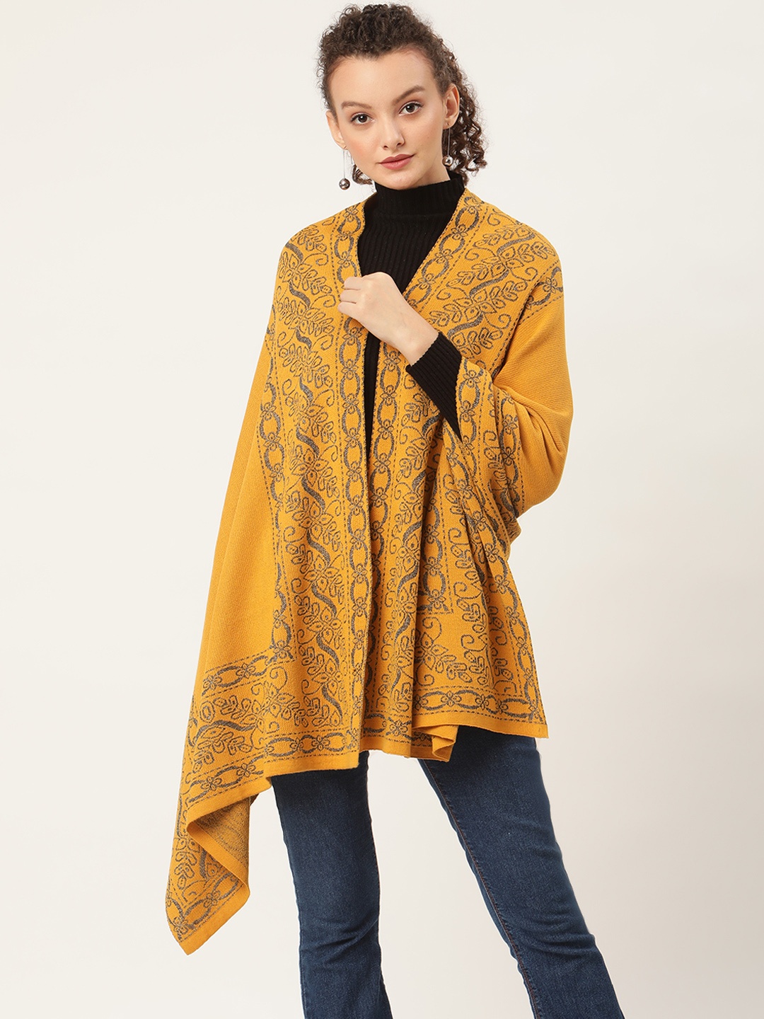

American Eye Women Mustard Yellow Self-Design Longline Shrug