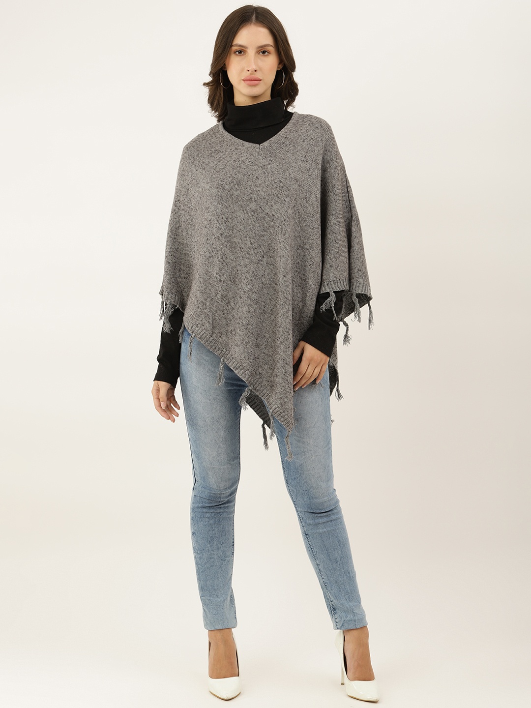 

American Eye Women Charcoal Grey Poncho with Fringed Detail