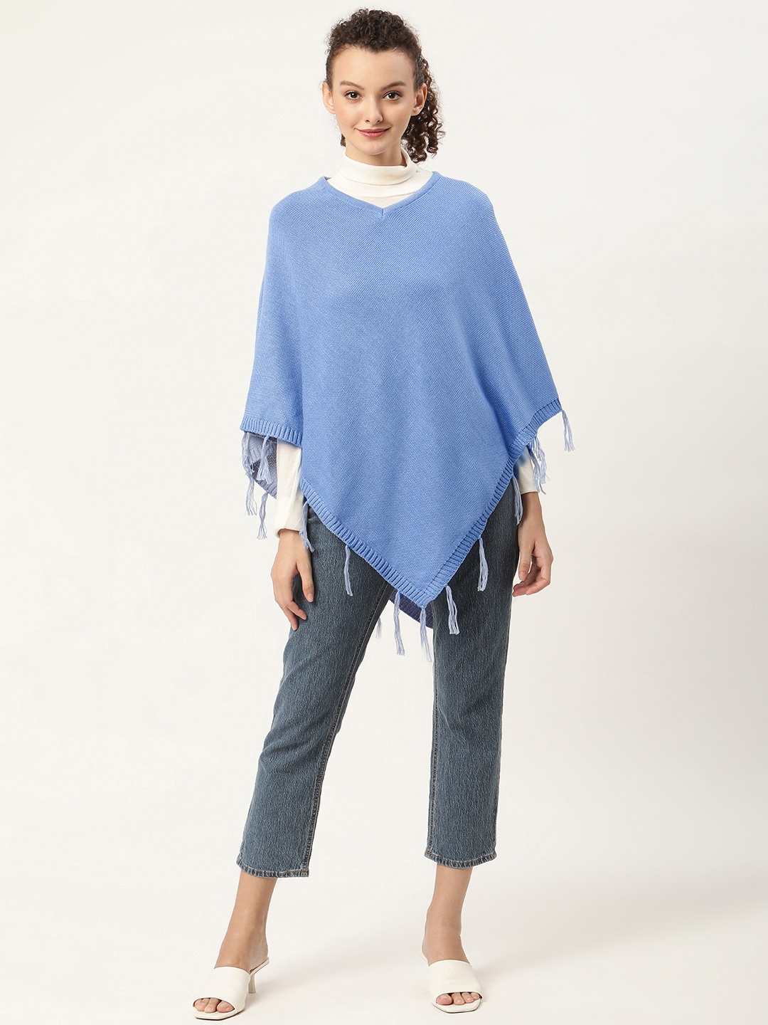 

American Eye Women Blue Poncho with Fringed Detail