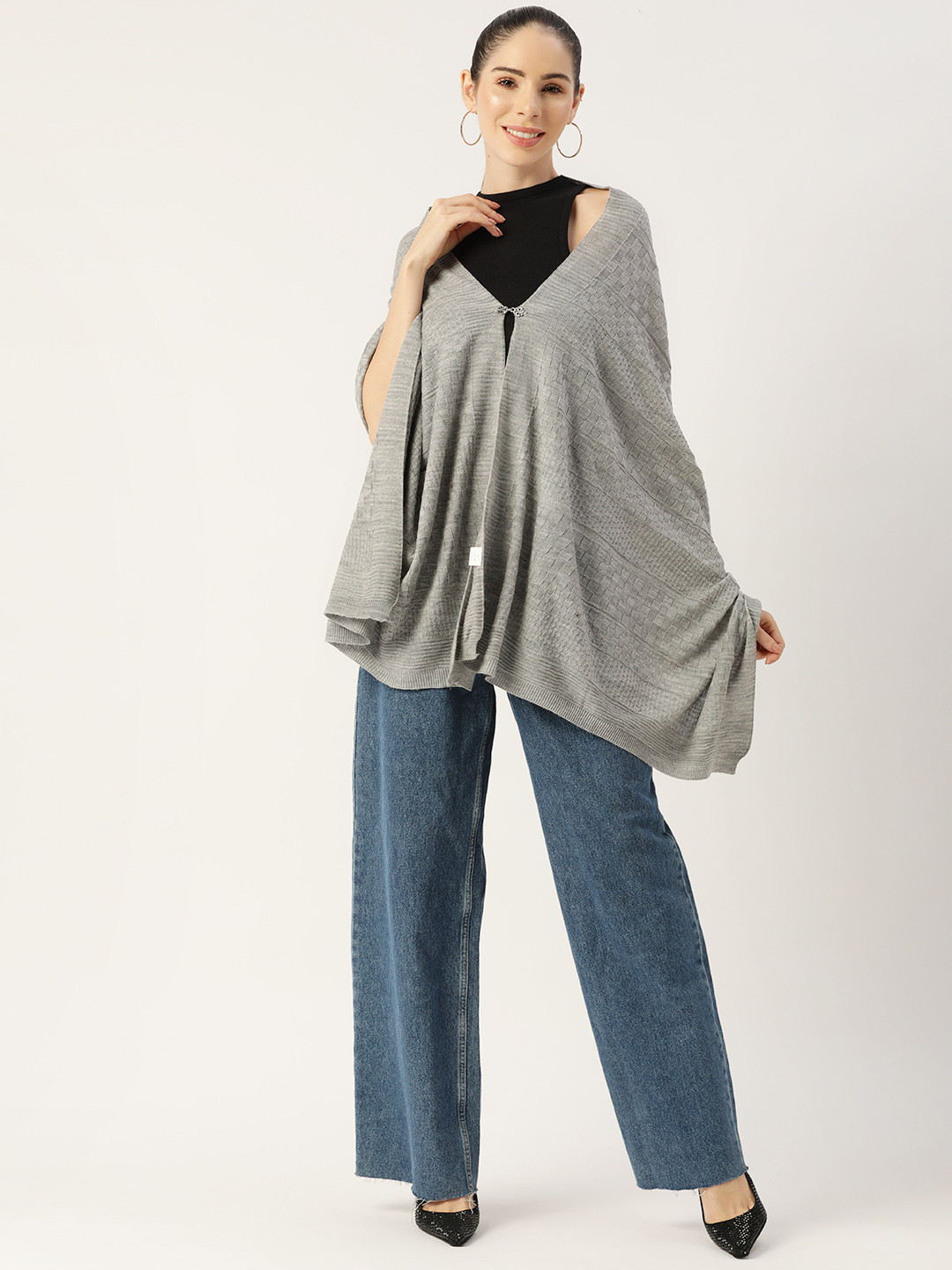 

American Eye Women Grey Self-Checked Front-Open Sweaters