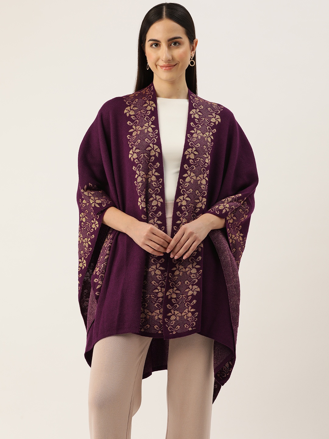 

American Eye Ethnic Motif Woven Design Open Front Shrug, Purple