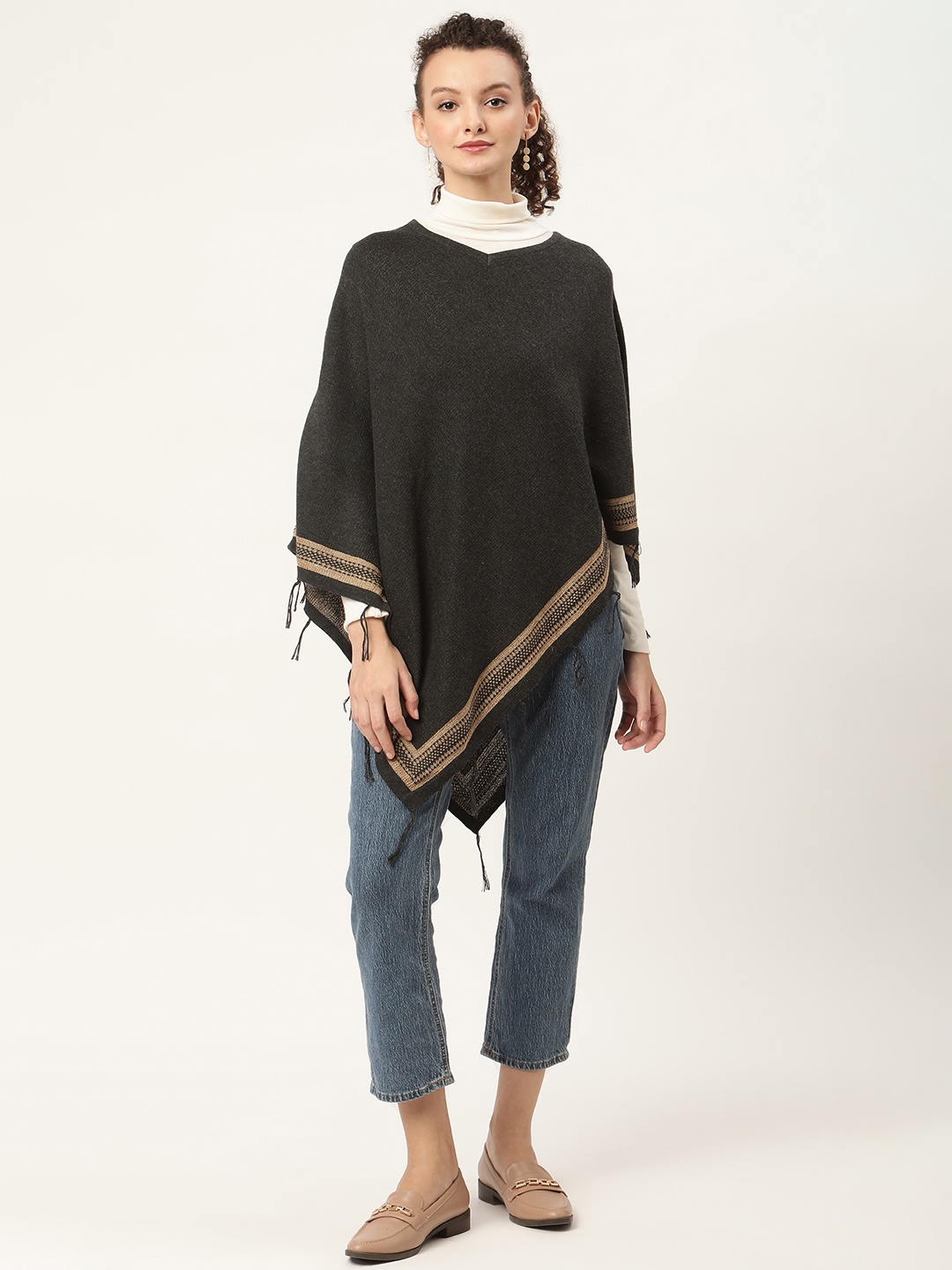 

American Eye Women Charcoal Grey & Brown Solid Poncho