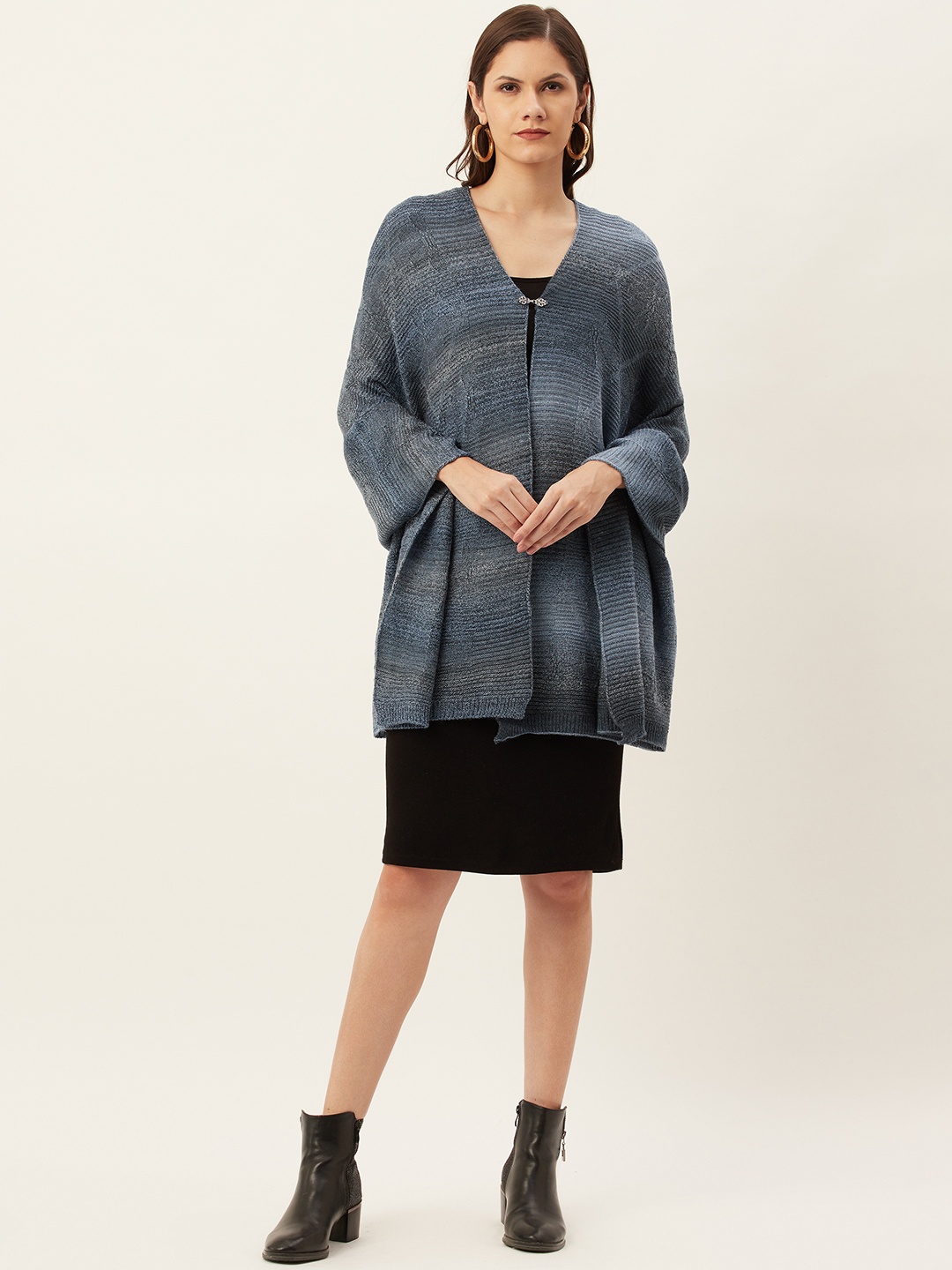 

American Eye Women Blue Striped Button Front-Open Longline Sweater
