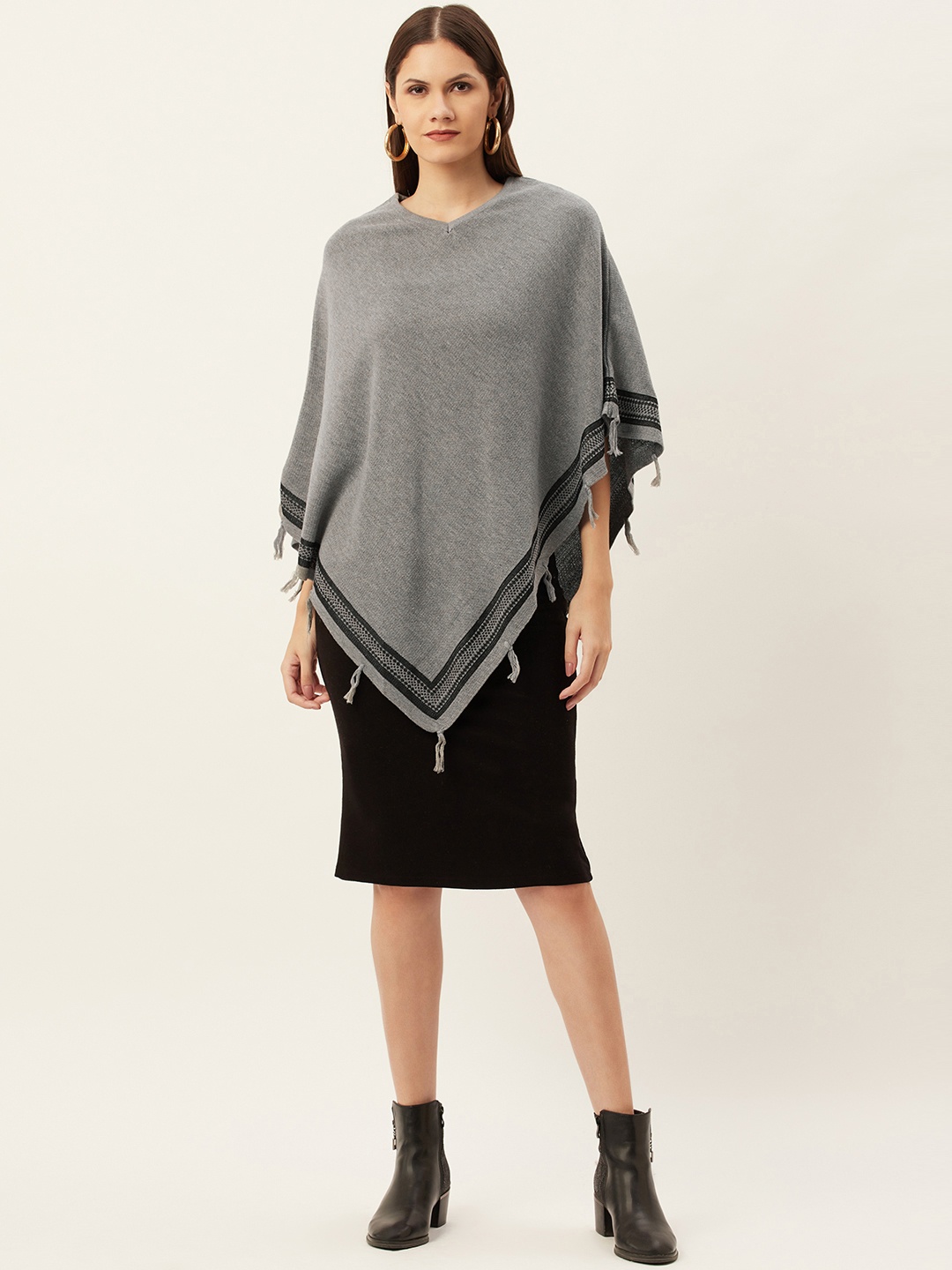 

American Eye Women Grey Melange Solid Taselled Winter Longline Poncho