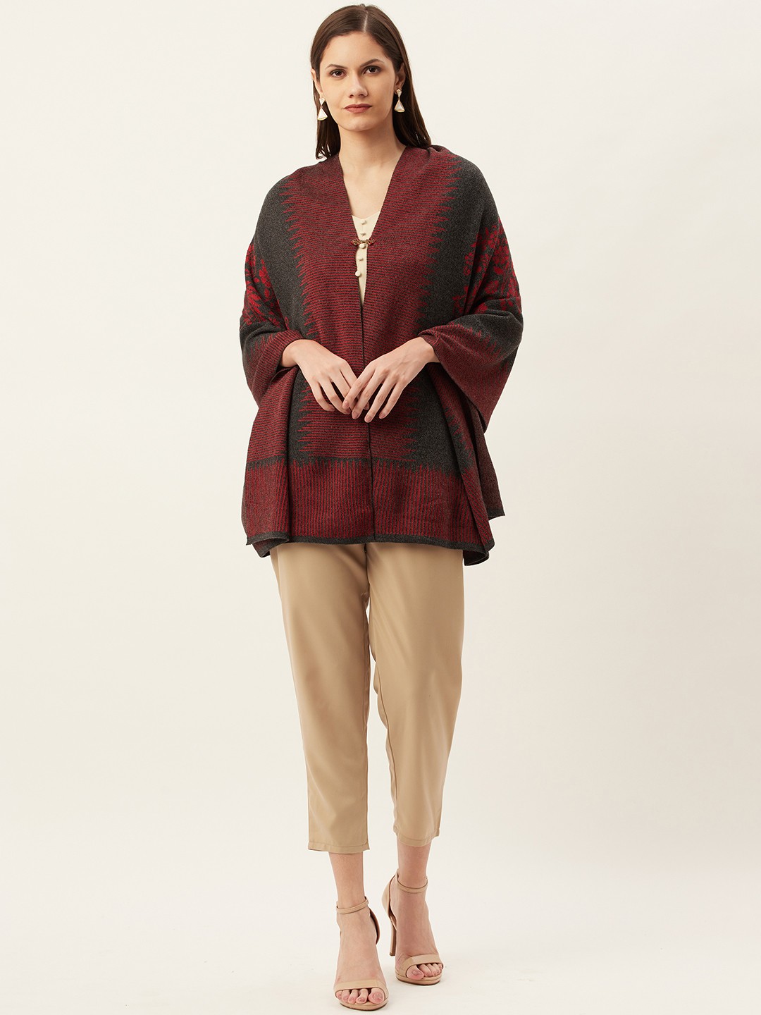 

American Eye Women Charcoal Grey & Red Ethnic Woven Button Front-Open Longline Sweater