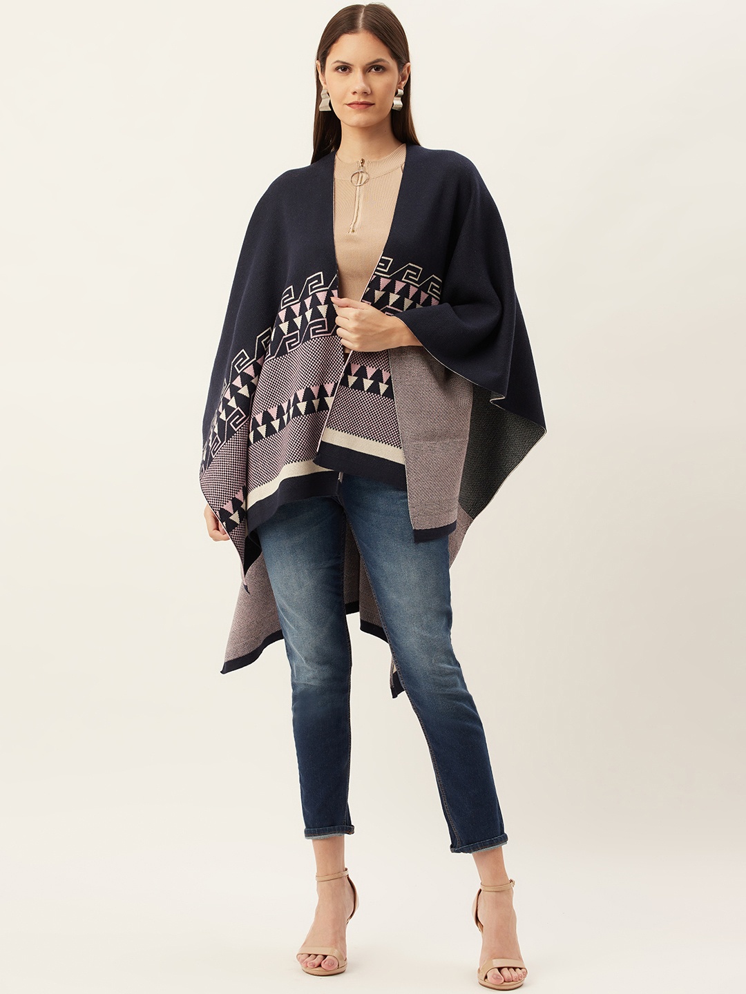 

American Eye Women Navy Blue & Pink Geometric Design Longline Shrug