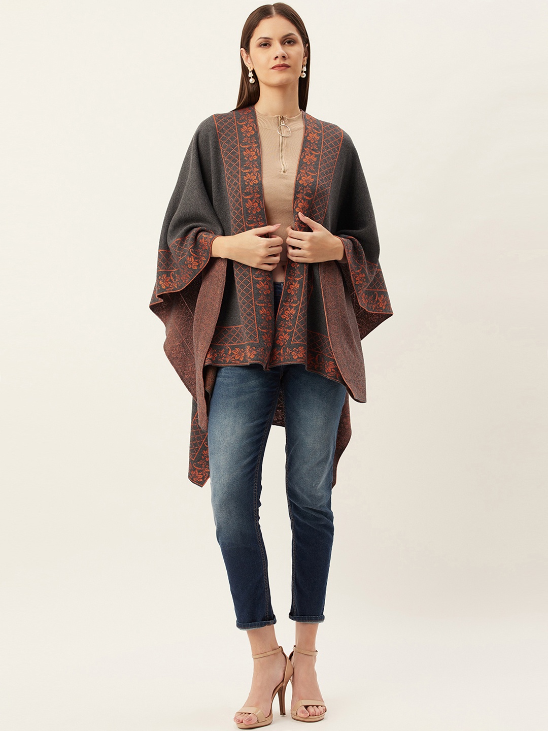 

American Eye Women Charcoal Grey & Orange Solid Longline Shrug