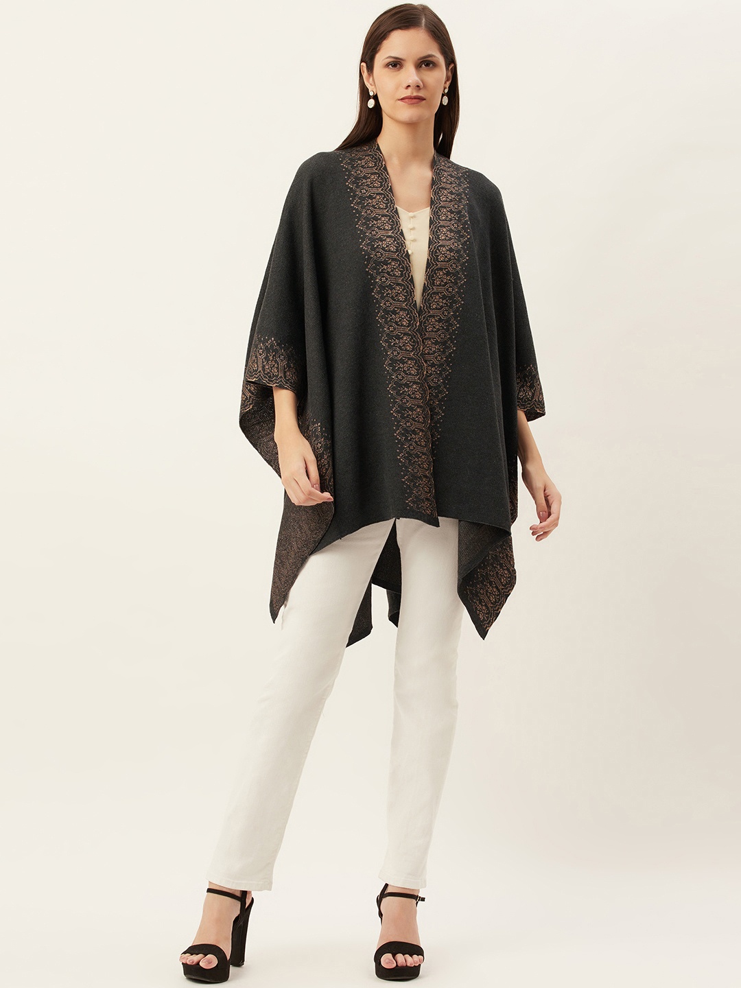 

American Eye Women Charcoal Grey & Beige Self Design Longline Front-Open Sweater