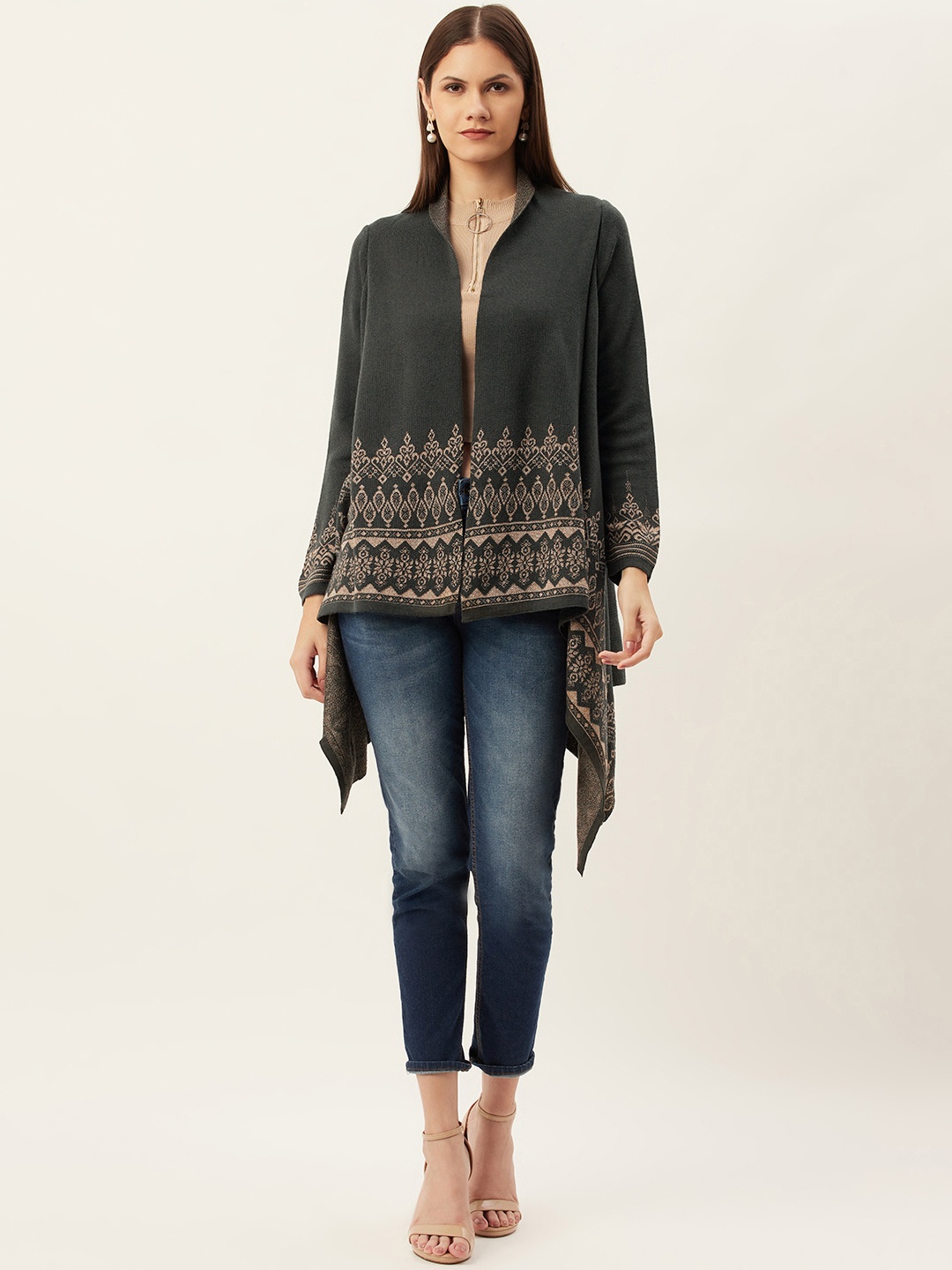 

American Eye Women Charcoal Grey & Beige Self Design Longline Front-Open Sweater