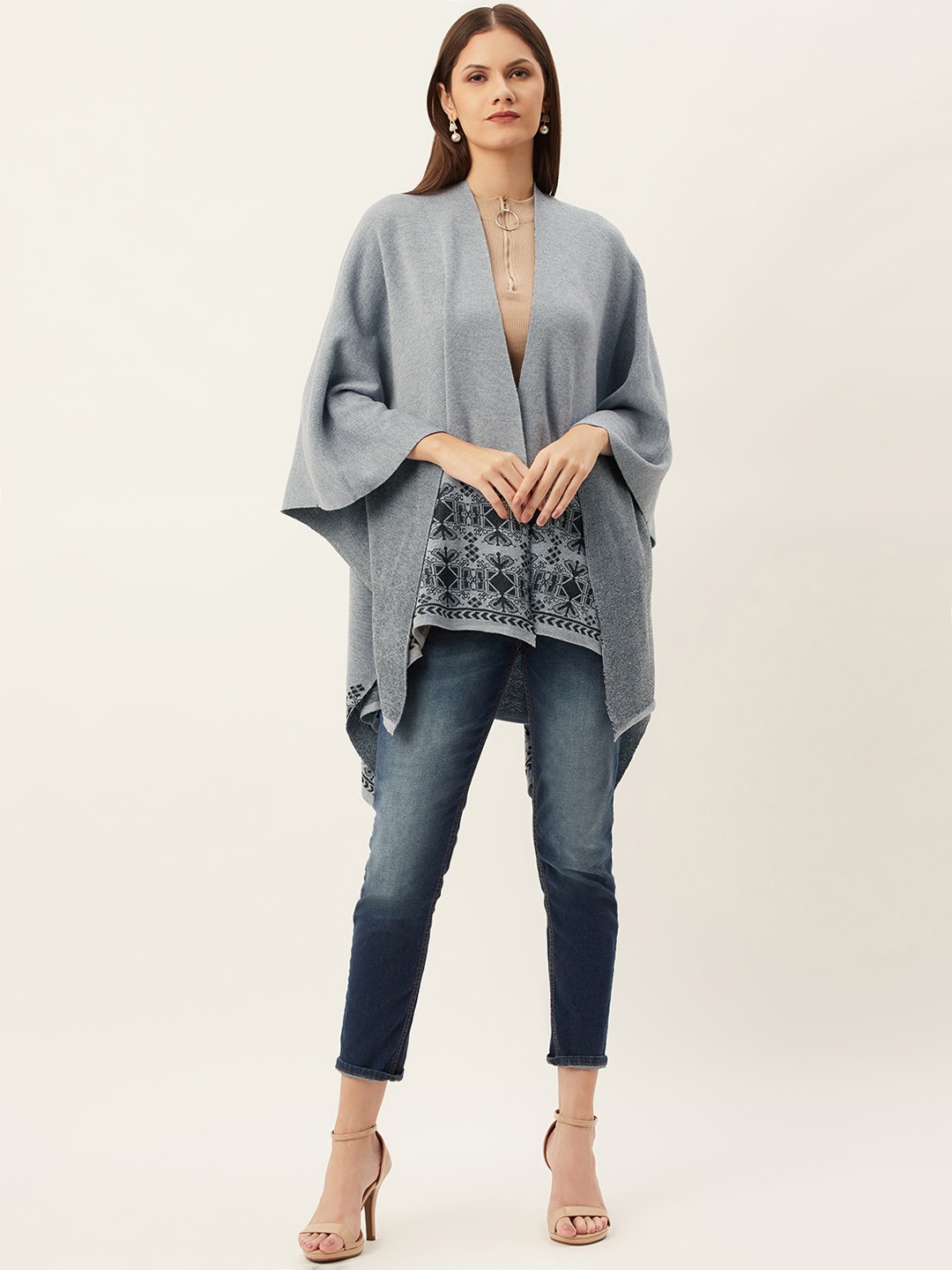 

American Eye Women Grey & Black Self Design Longline Front-Open Sweater