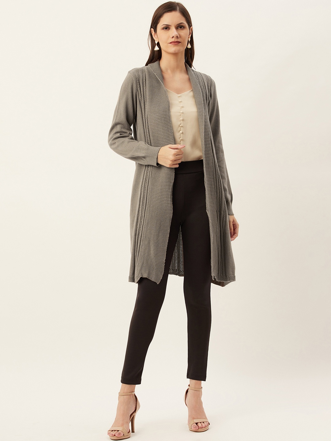 

American Eye Women Beige Self Striped Longline Front-Open Sweater