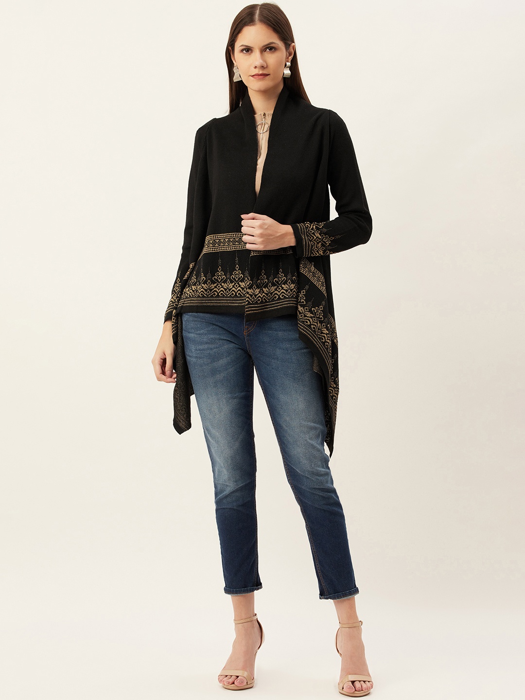 

American Eye Women Black & Beige Self Design Longline Front-Open Sweater