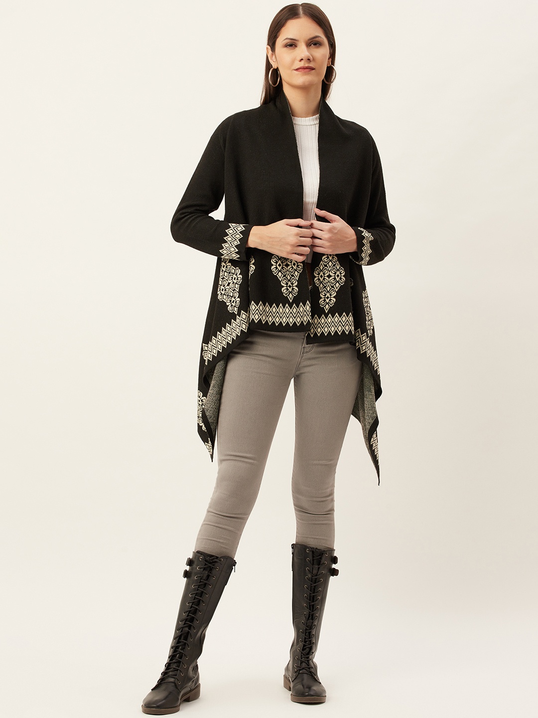 

American Eye Women Burgundy & Beige Longline Front Open Sweater