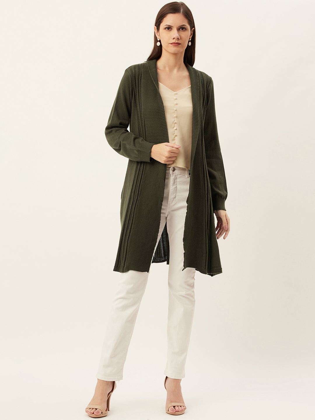 

American Eye Women Olive Green Longline Front Open Sweater
