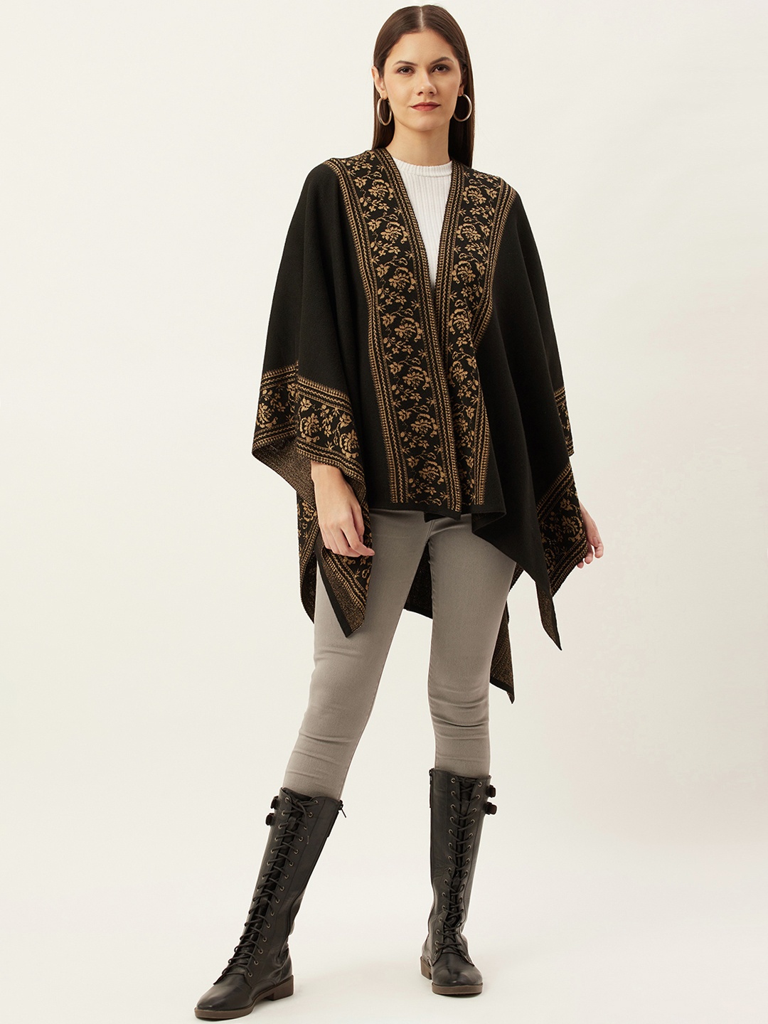

American Eye Women Black & Beige Longline Front Open Sweater