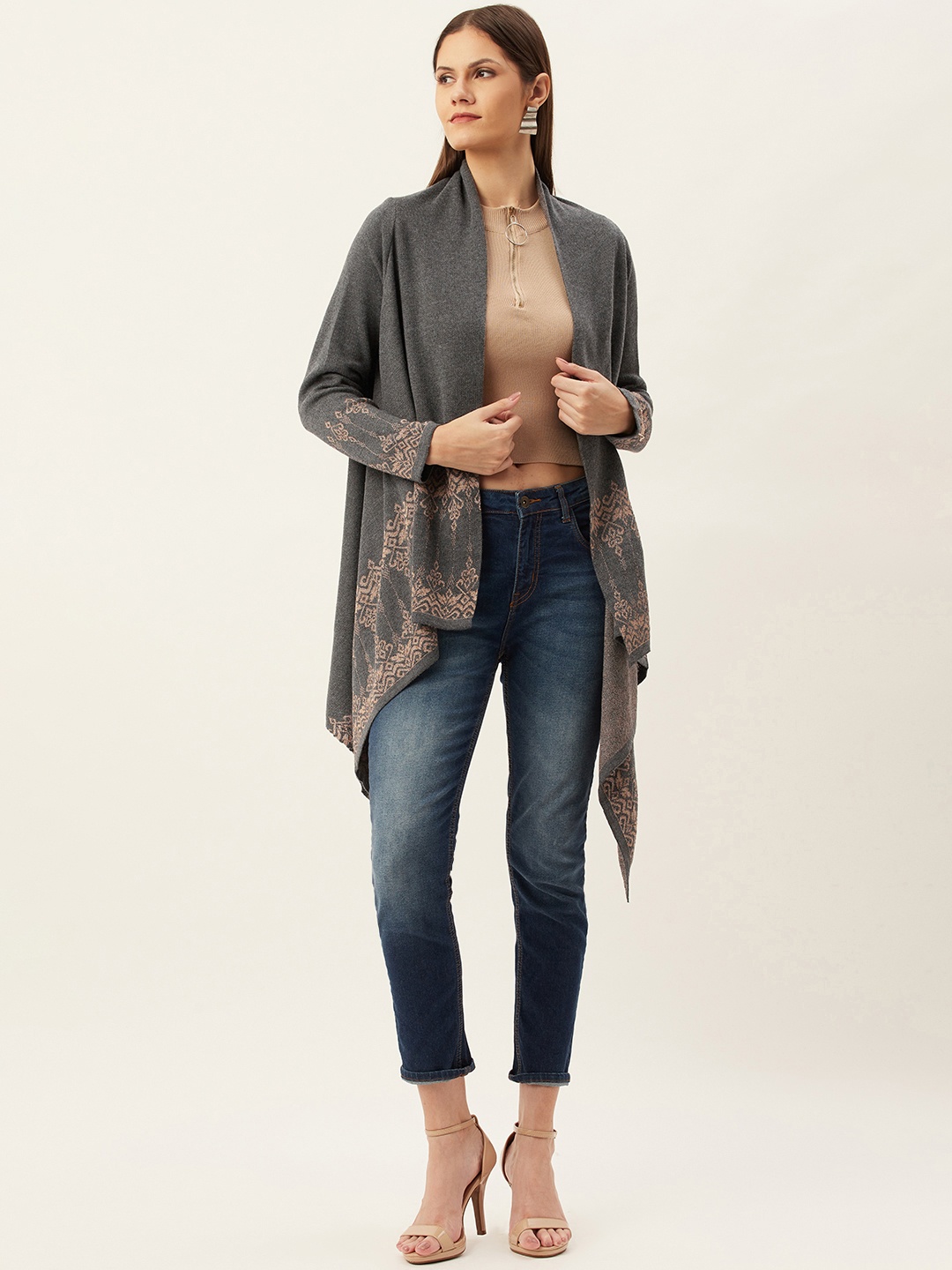 

American Eye Women Charcoal Grey & Beige Longline Front Open Sweater