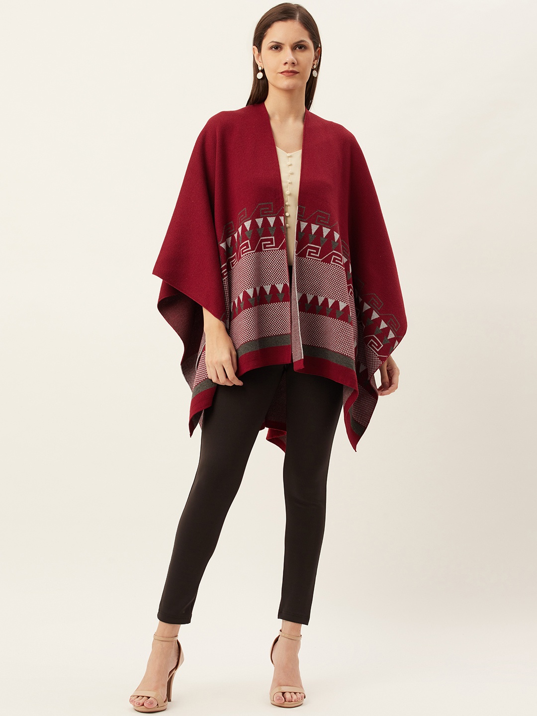 

American Eye Women Maroon & White Printed Longline Front Open Sweater