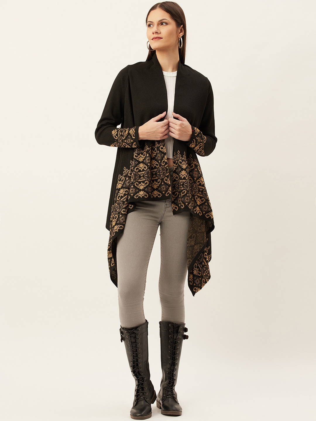 

American Eye Women Black & Brown Floral Design Front-Open Sweater
