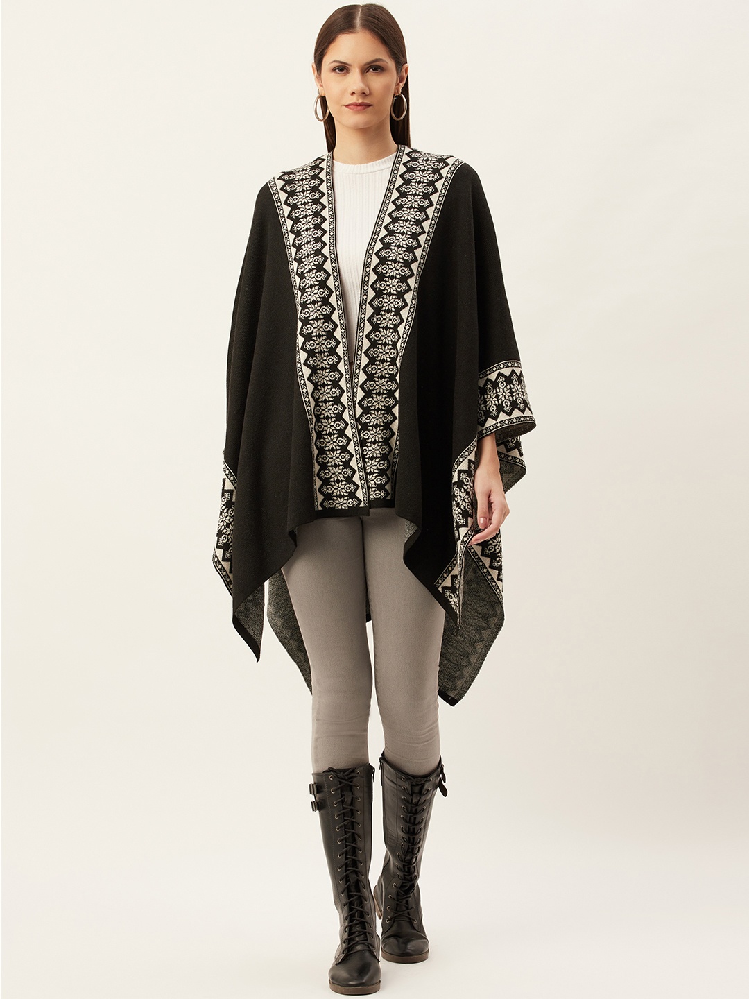 

American Eye Women Black & White Self-Design Front-Open Sweater