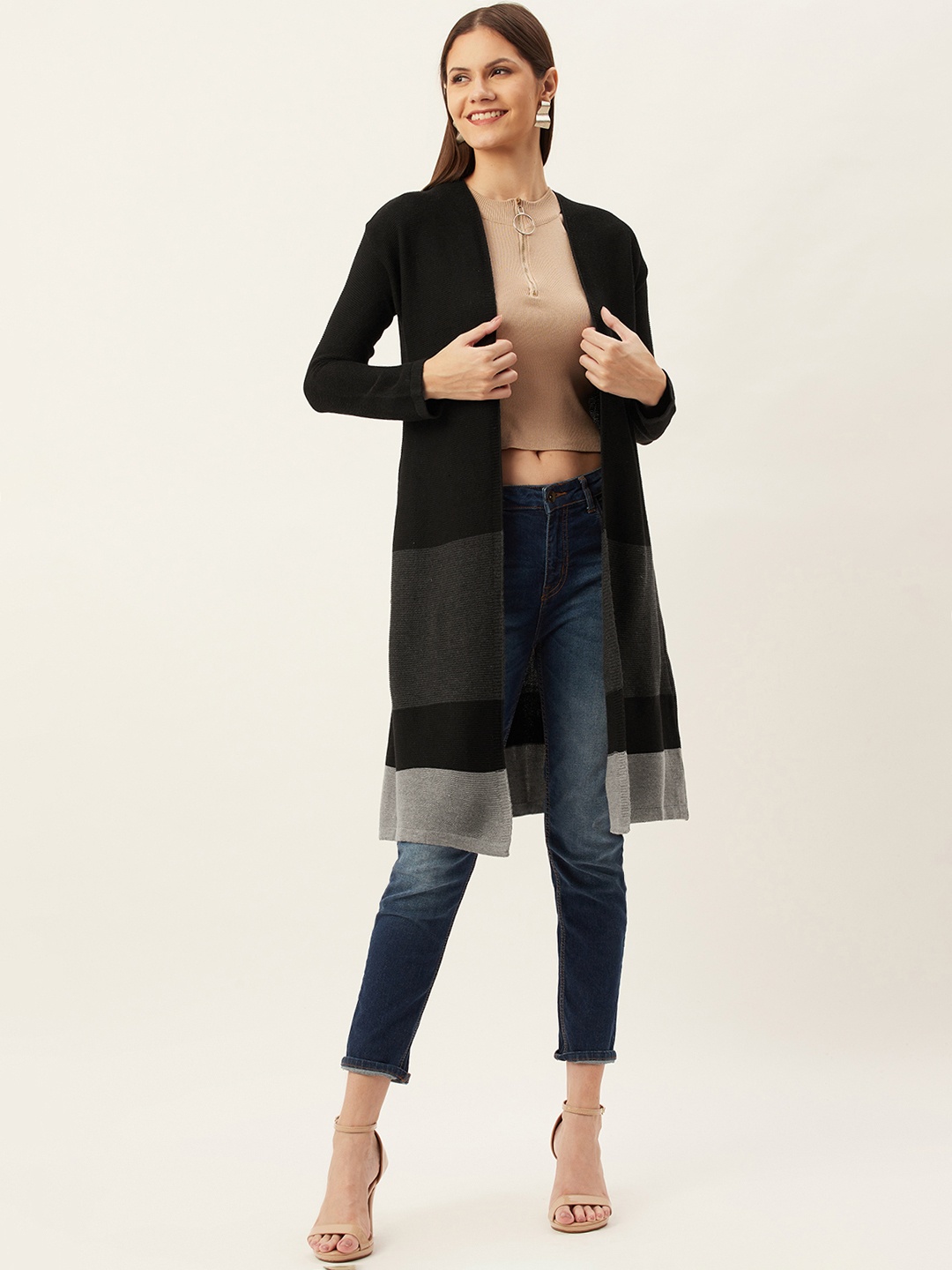 

American Eye Women Black & Grey Colourblocked Front-Open Sweater