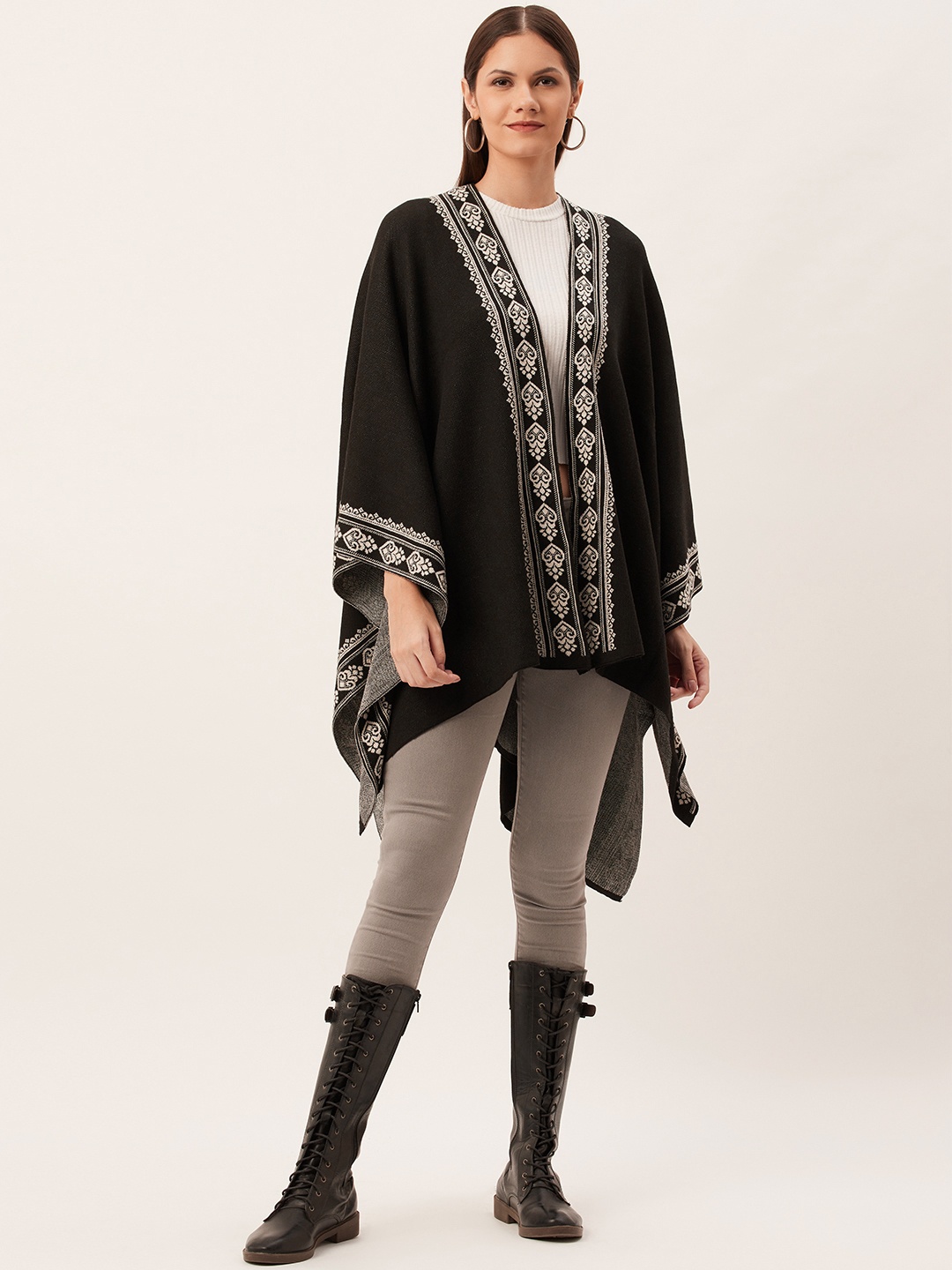 

American Eye Women Black & White Self-Design Front-Open Sweater
