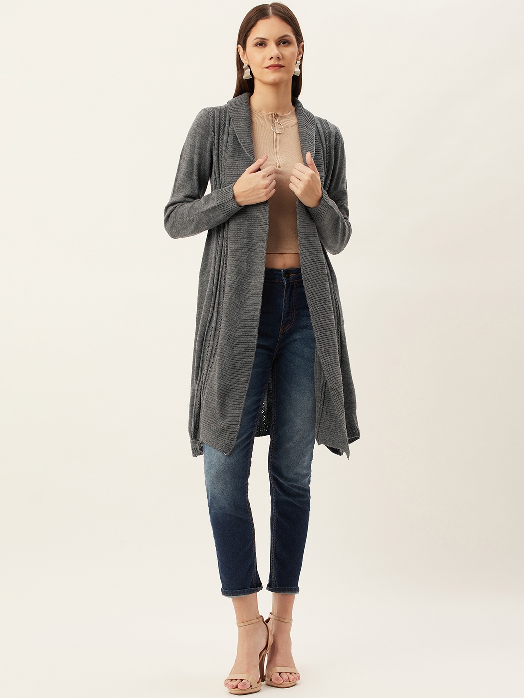 

American Eye Women Charcoal Grey Self-Striped Open Front Longline Shrug