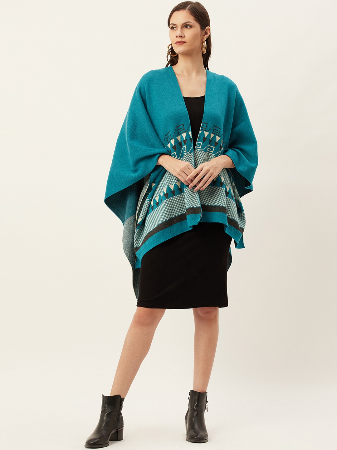 

American Eye Women Blue & White Ethic Motifs Woven Design Longline High-Low Sweater