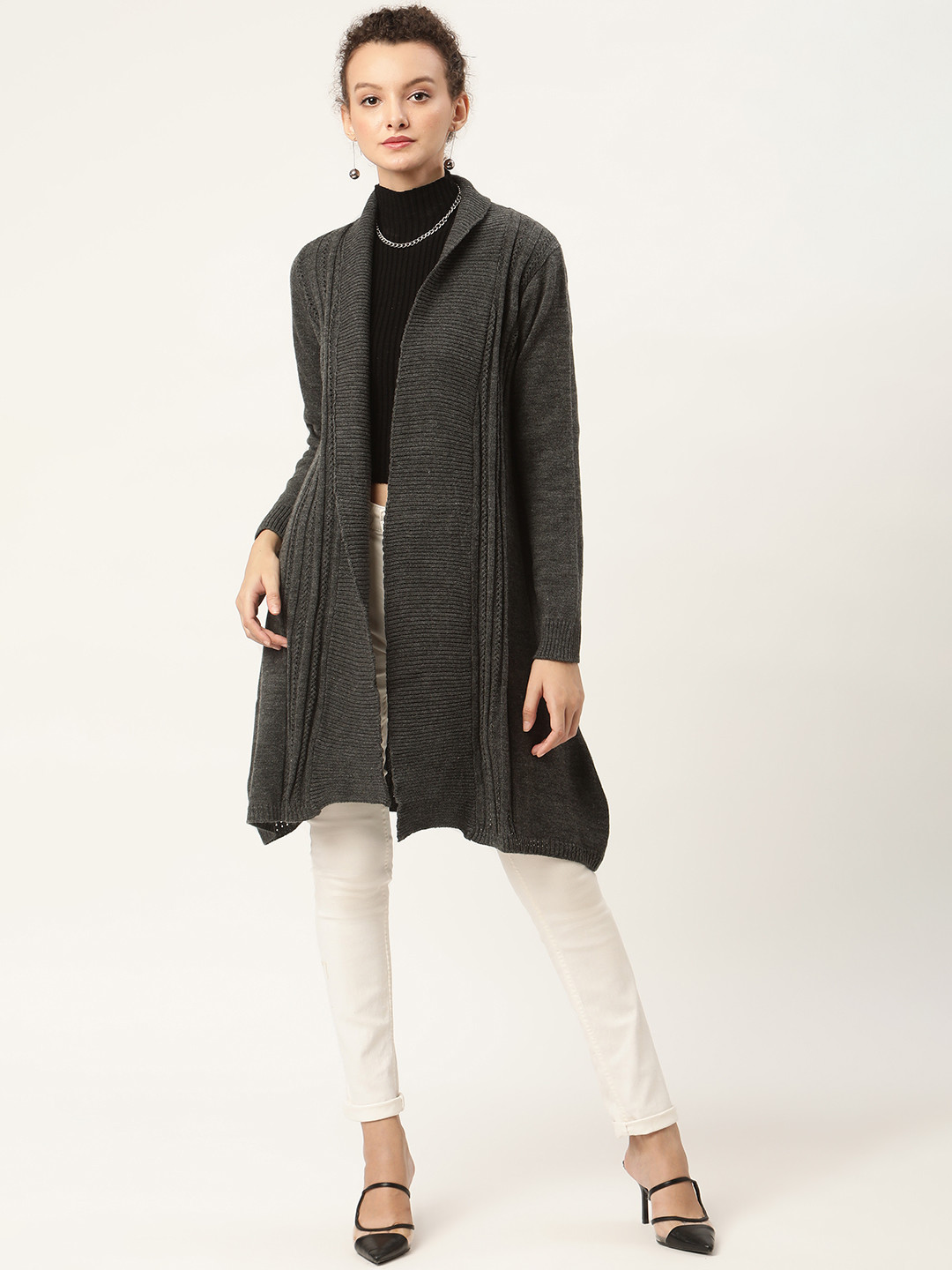 

American Eye Women Charcoal Grey Open Knit Longline Front Open Sweater