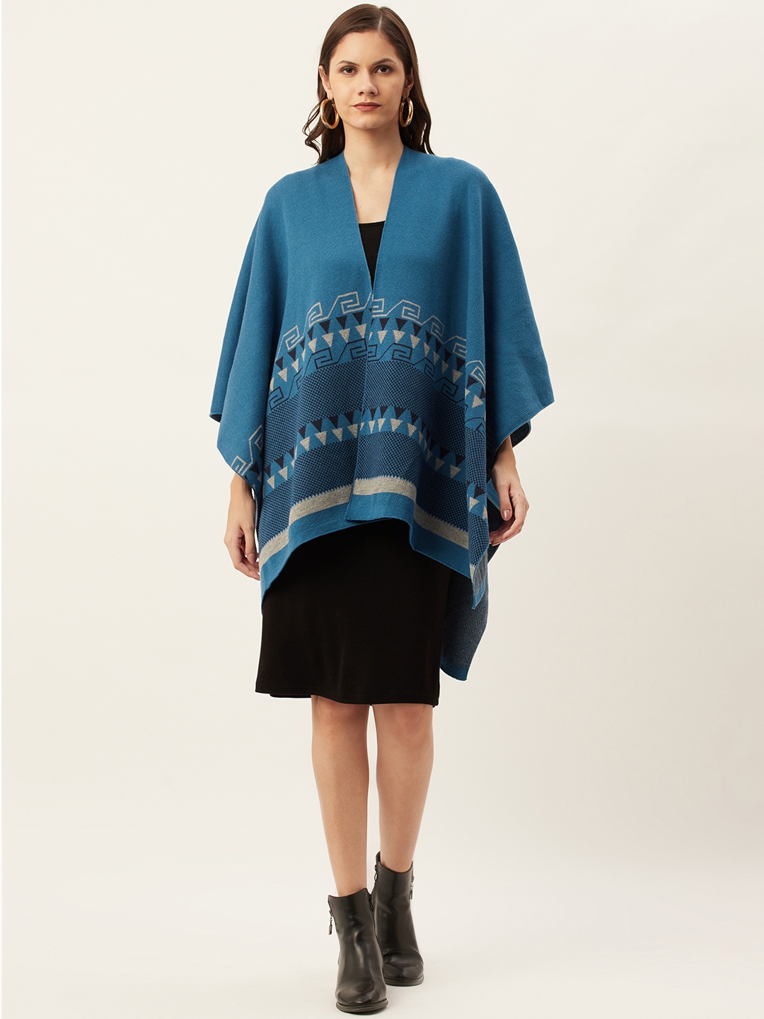 

American Eye Women Teal Blue & Grey Melange Printed Longline
