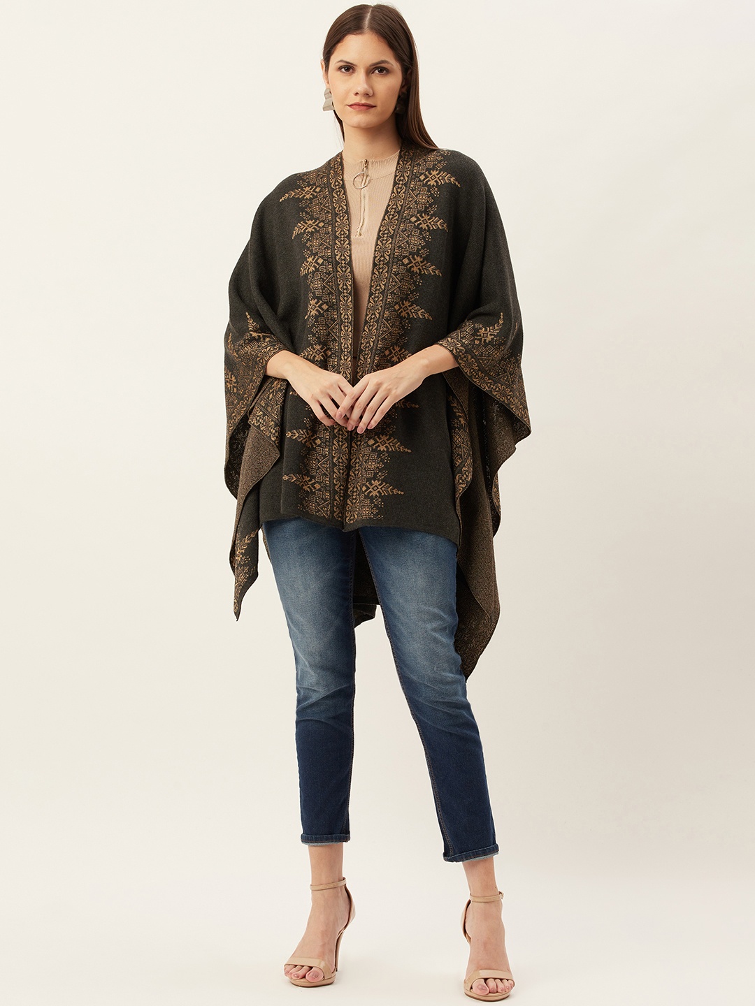 

American Eye Women Charcoal Grey & Beige Printed Longline