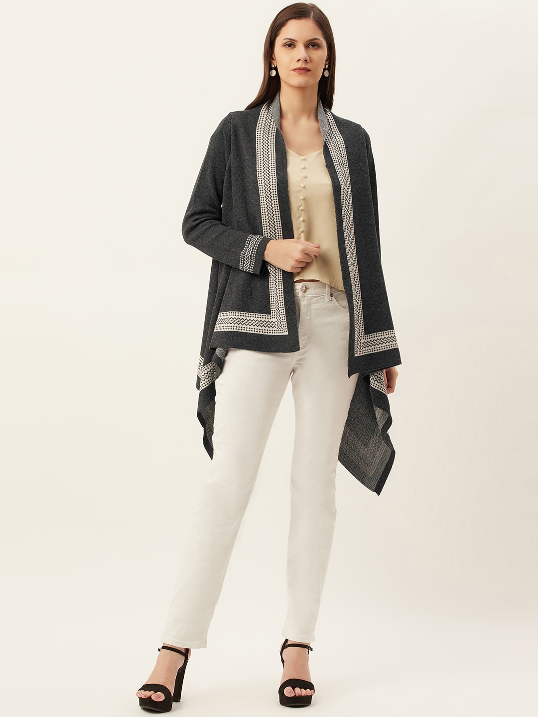

American Eye Women Charcoal Grey & White Solid Front-Open Sweater