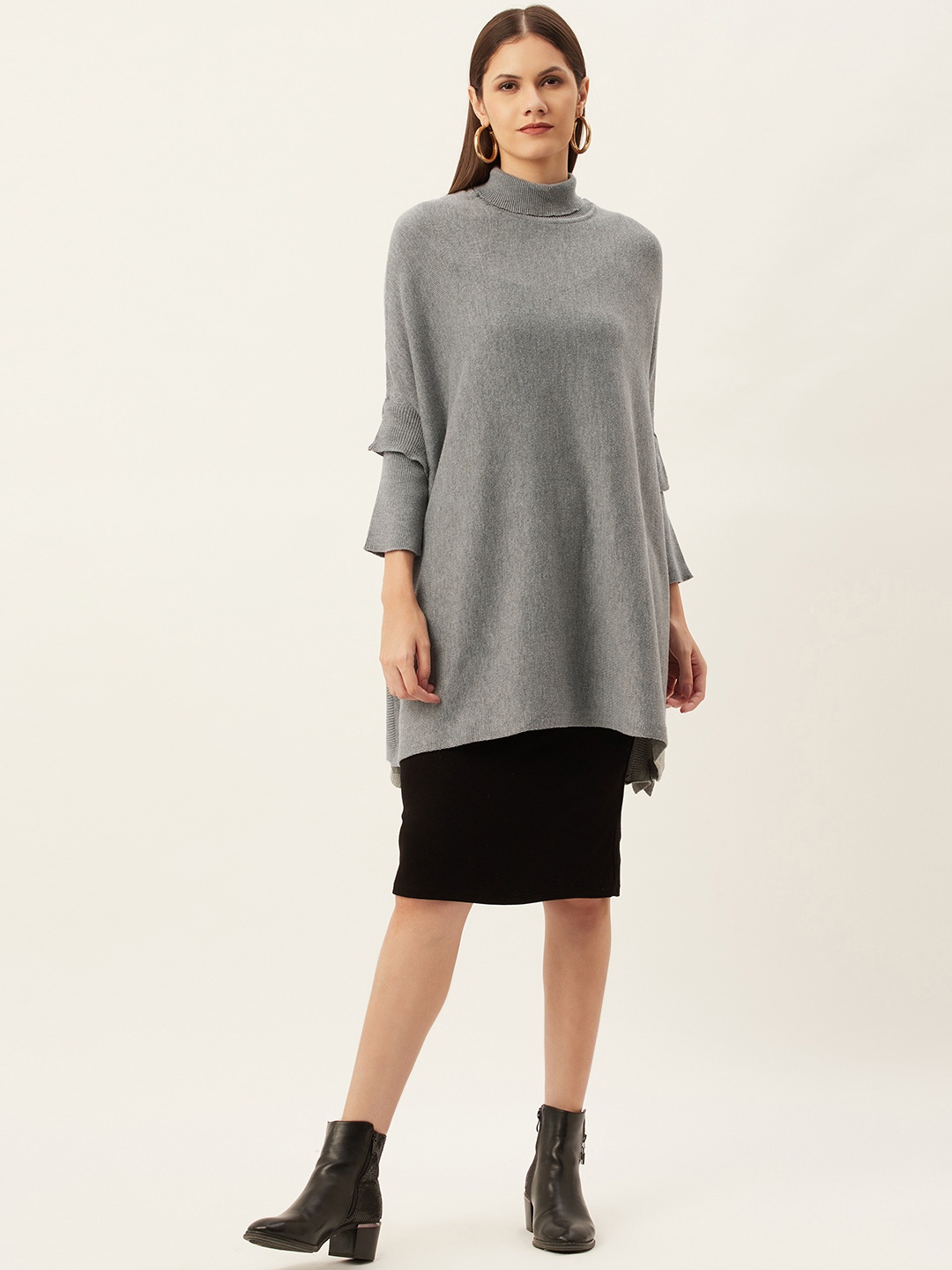 

American Eye Women Grey Melange Solid Longline Pullover