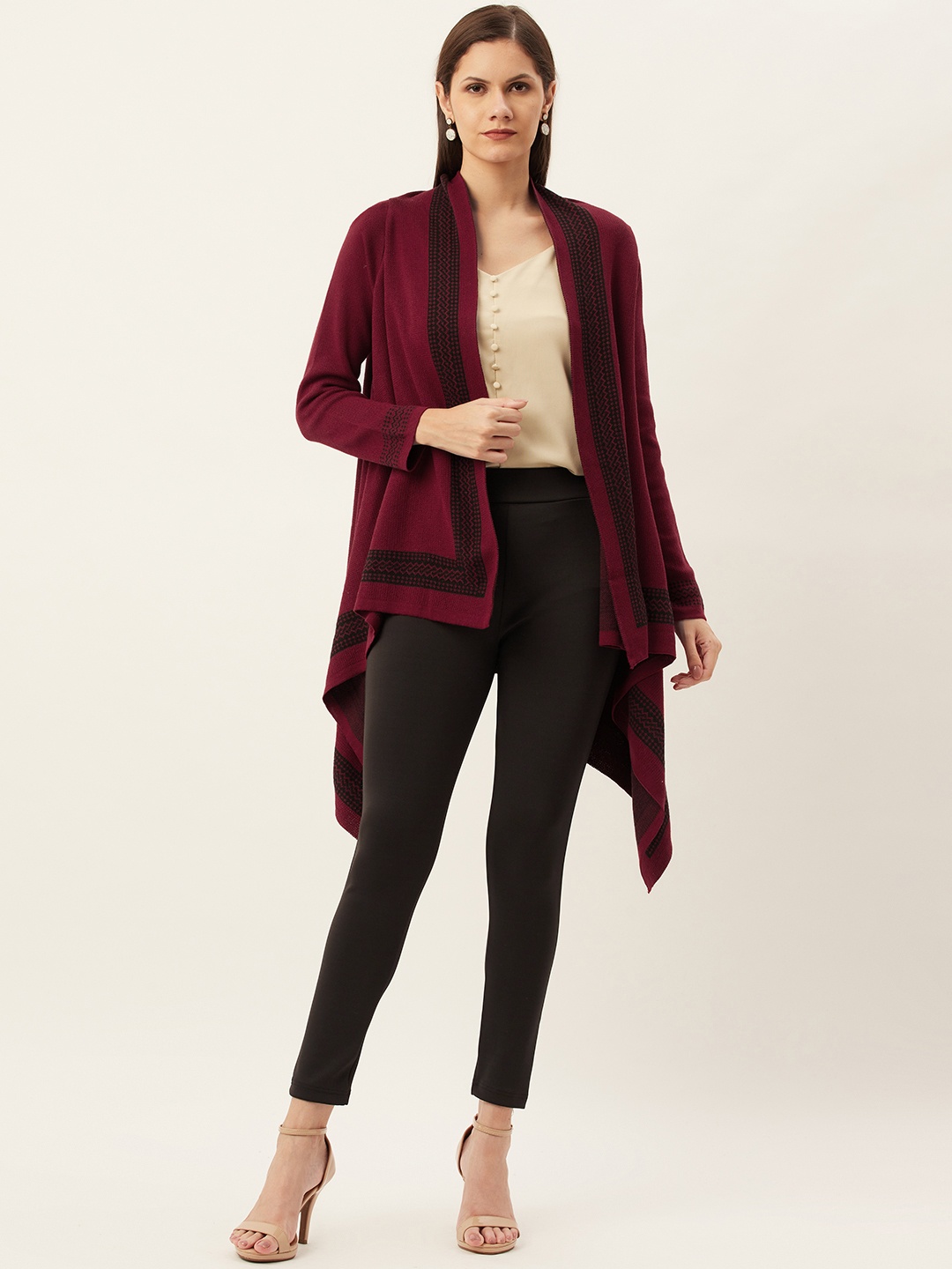 

American Eye Women Maroon & Black Solid Longline Front-Open Sweater
