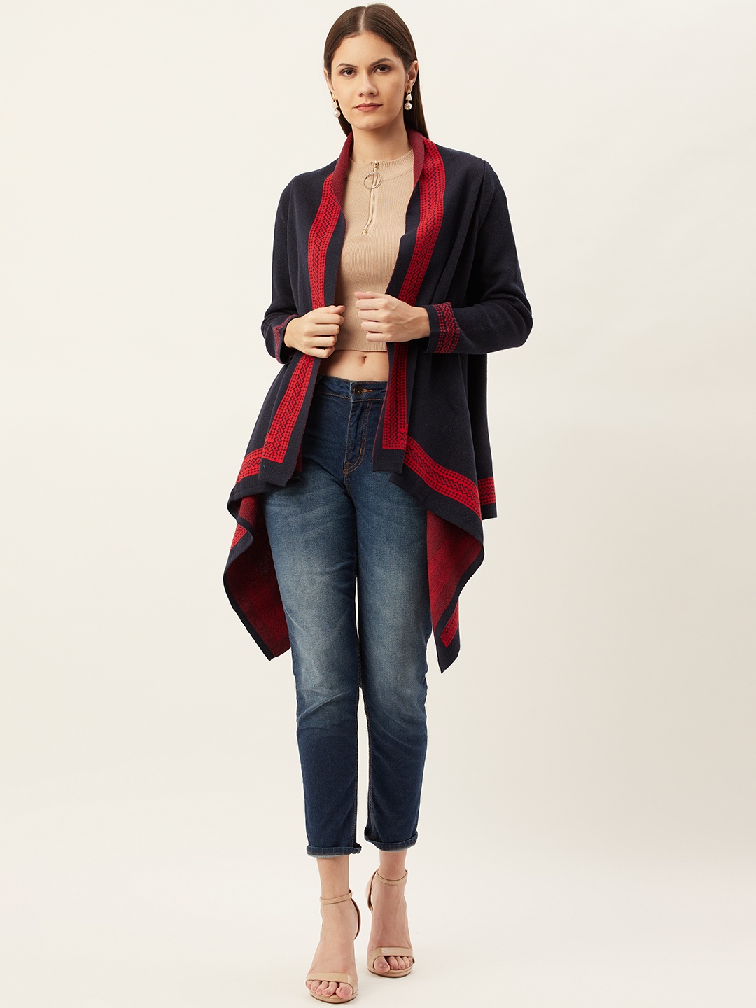 

American Eye Women Navy Blue & Red Solid Front-Open Sweater