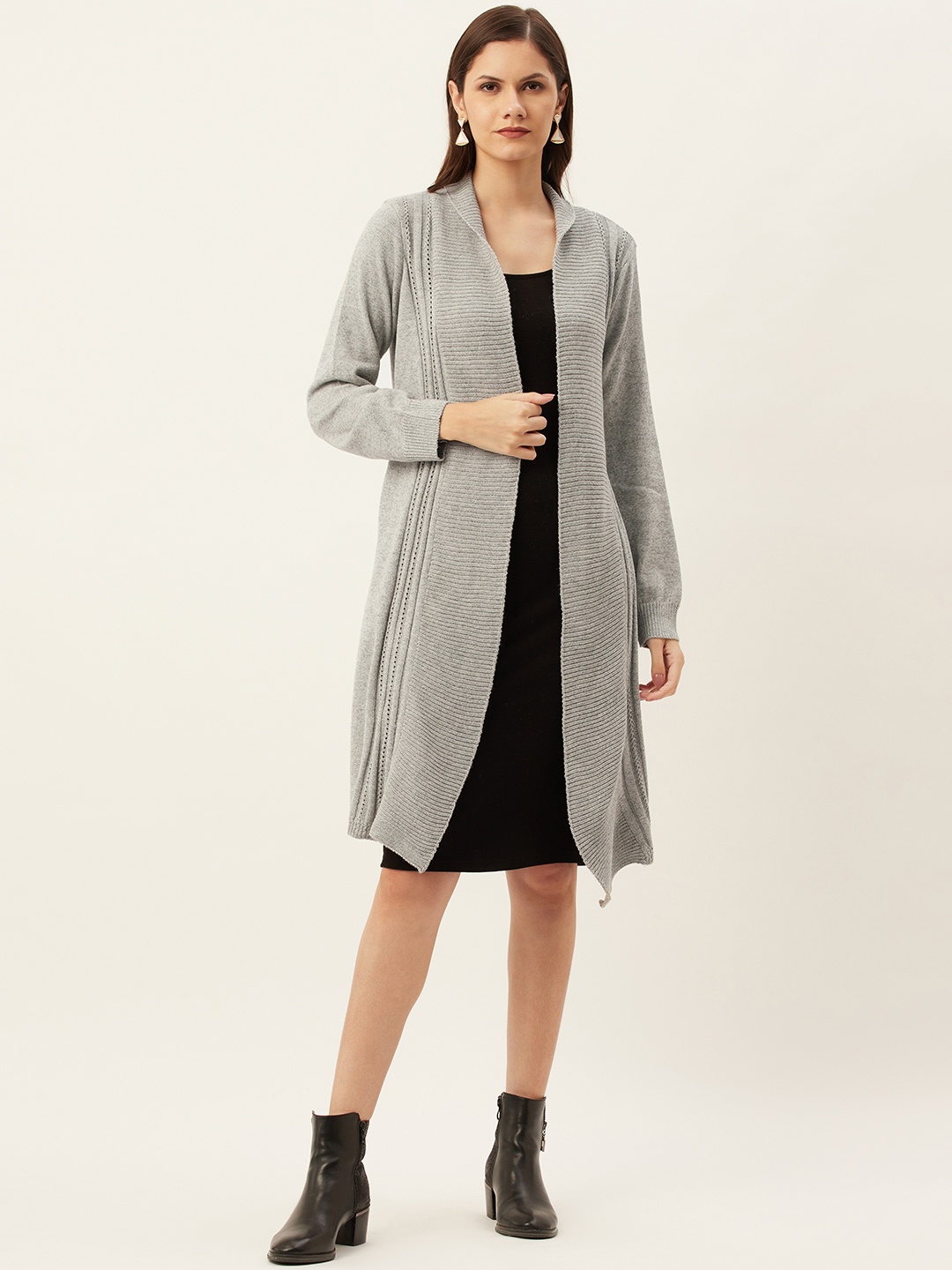 

American Eye Women Grey Self Striped Longline Front-Open Sweater