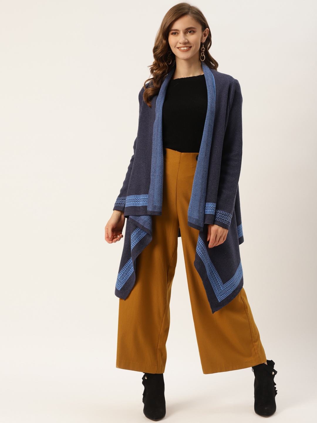 

American Eye Women Blue Solid Longline Front-Open Sweater