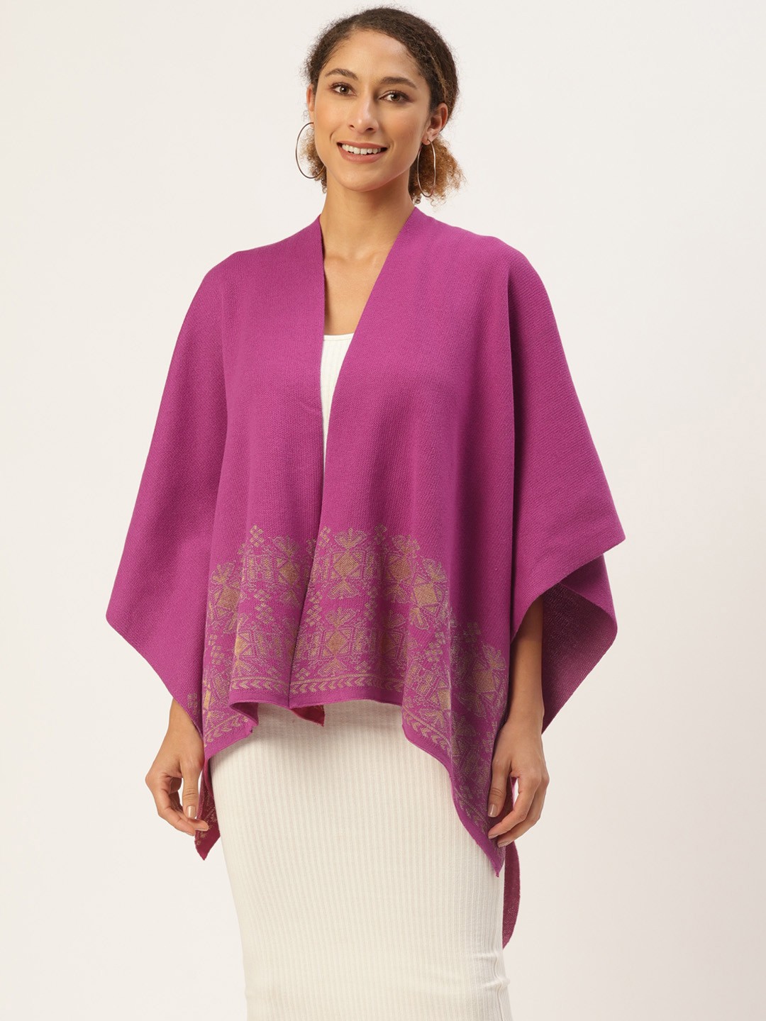 

American Eye Women Magenta Ethnic Woven Design Longline High-Low Front-Open Sweater