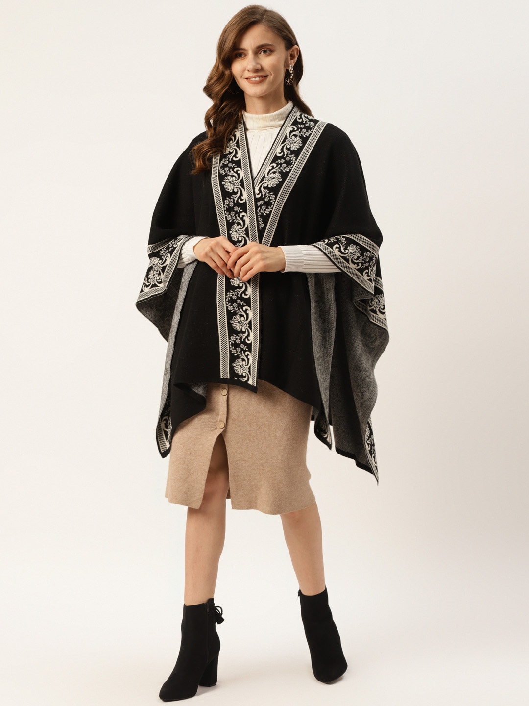 

American Eye Women Black & Off White Ethnic Motifs Longline High-Low Front-Open Sweater