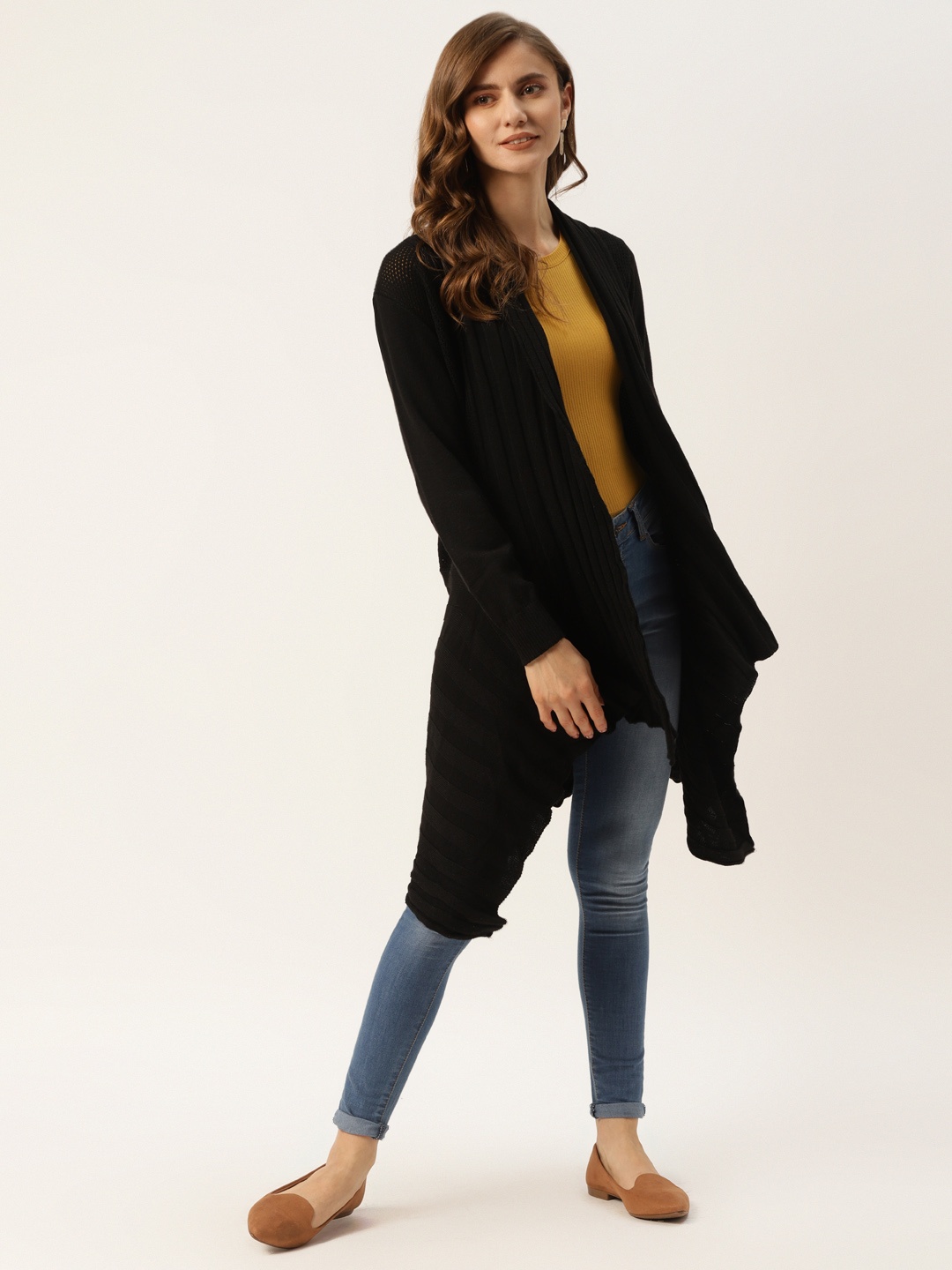 

American Eye Women Black Ribbed Waterfall Longline Front-Open Sweater