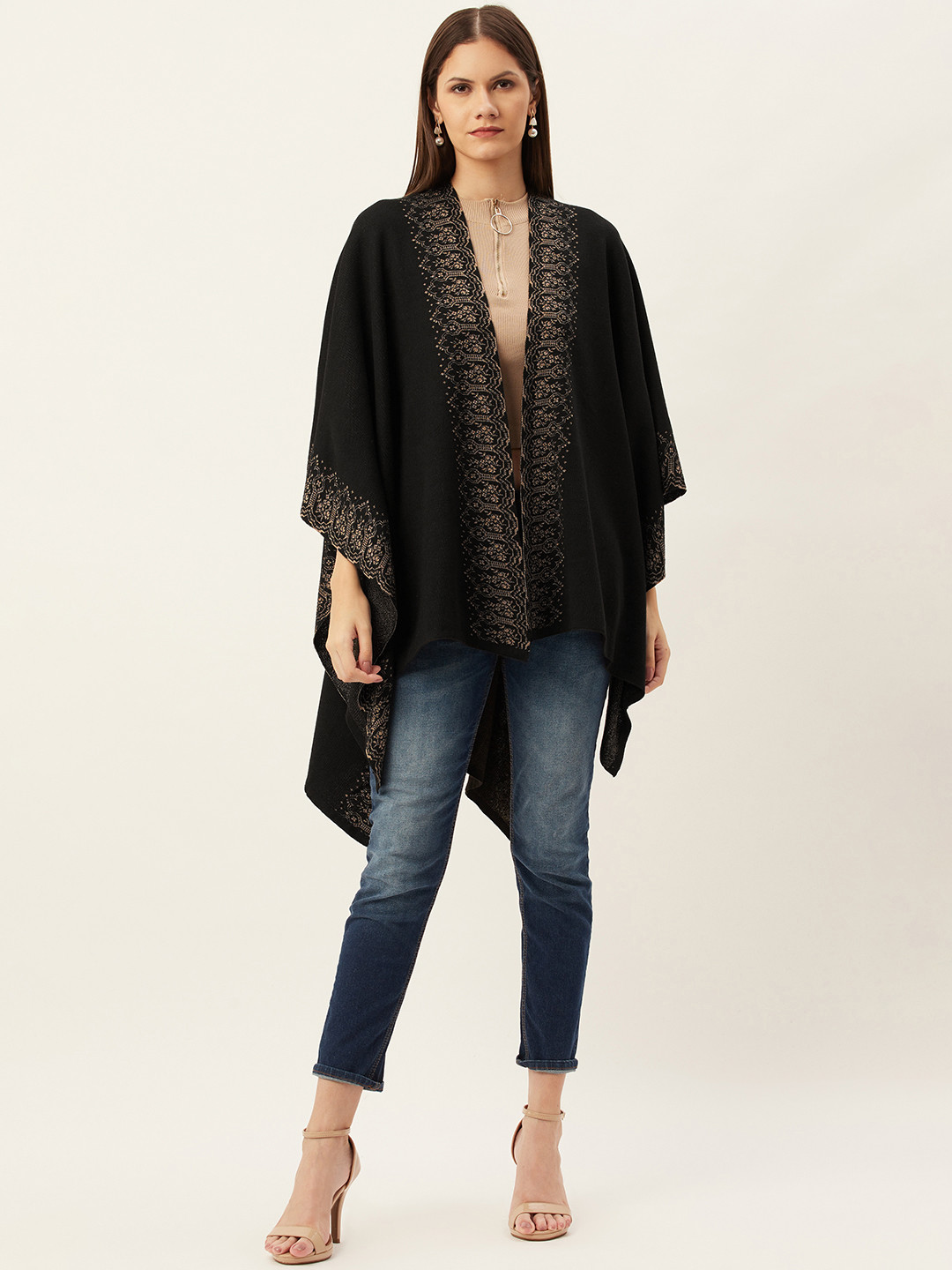 

American Eye Women Black & Beige Ethnic Hem Design High-Low Longline Front-Open Sweater