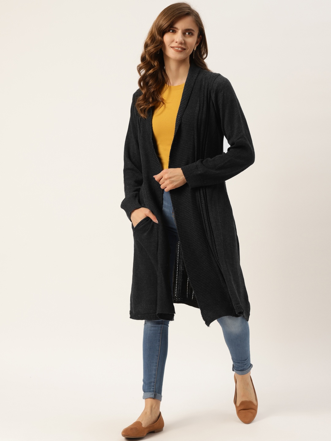 

American Eye Women Charcoal Grey Cable Knit Longline Front-Open Sweater