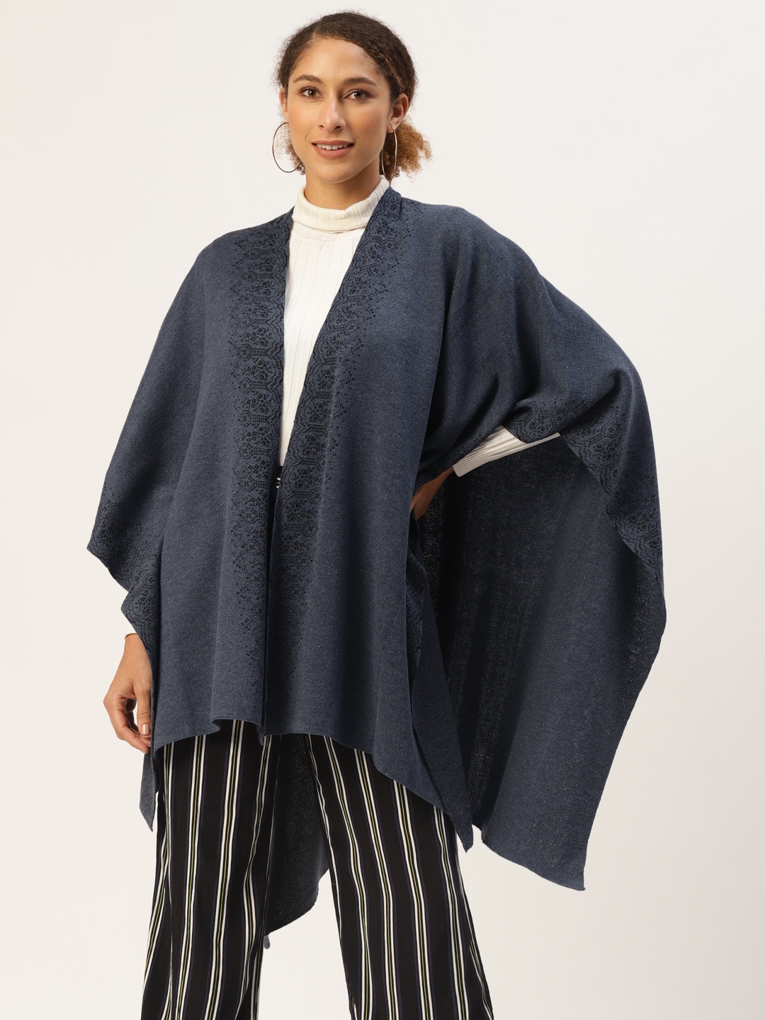 

American Eye Women Blue & Black Ethnic Motifs Woven Design Front-Open Longline Sweater