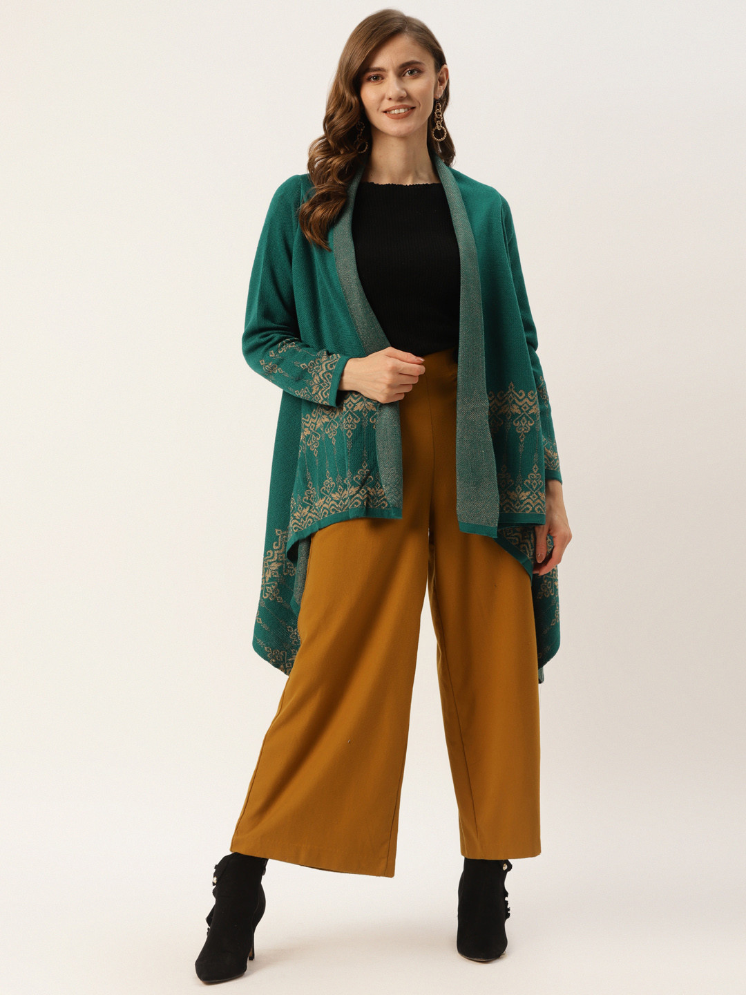 

American Eye Women Green & Beige Ethnic Motifs Woven Design Front-Open Longline Sweater