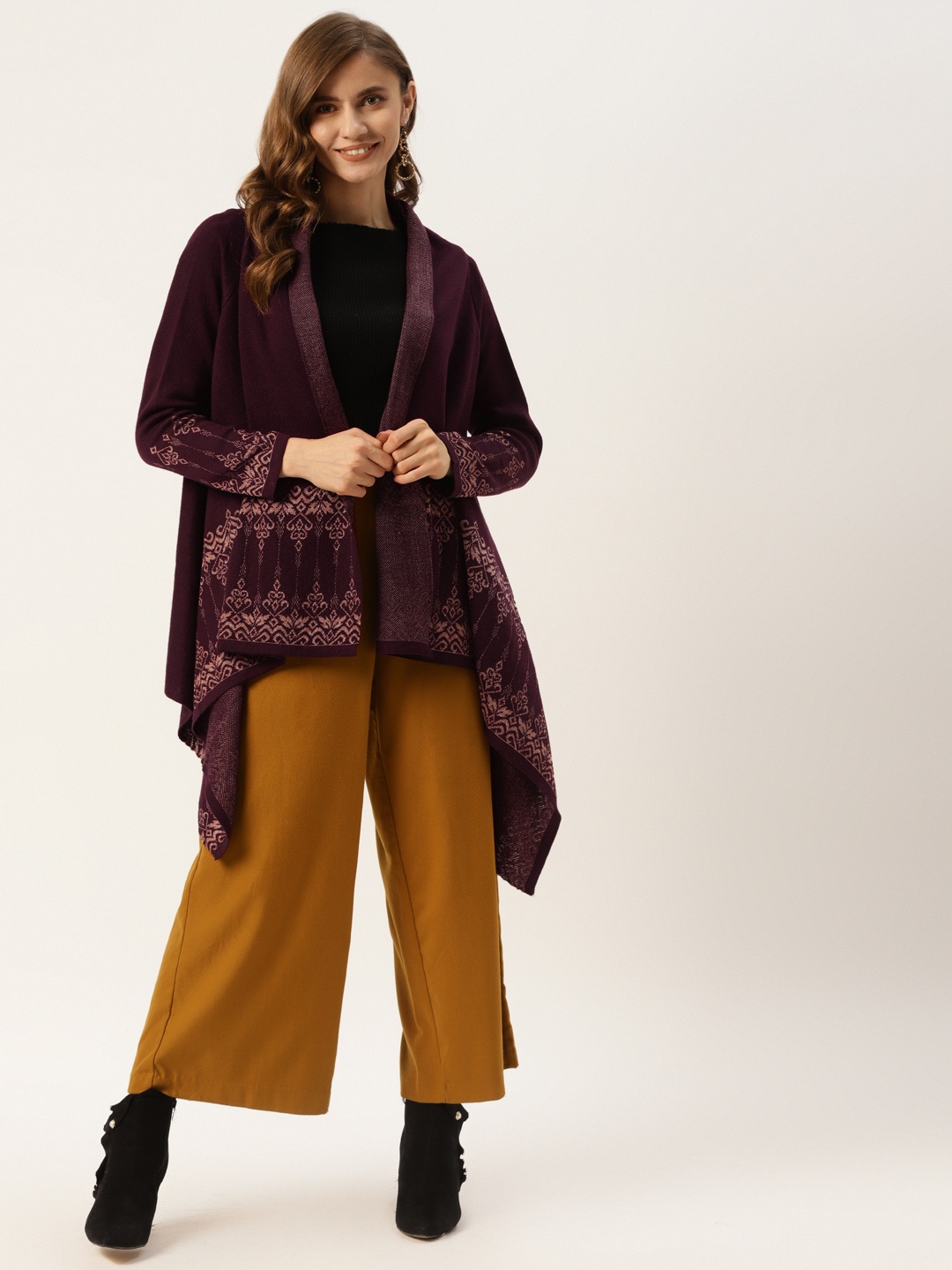 

American Eye Women Aubergine & Peach-Coloured Ethnic Woven Longline Front-Open Sweater, Purple