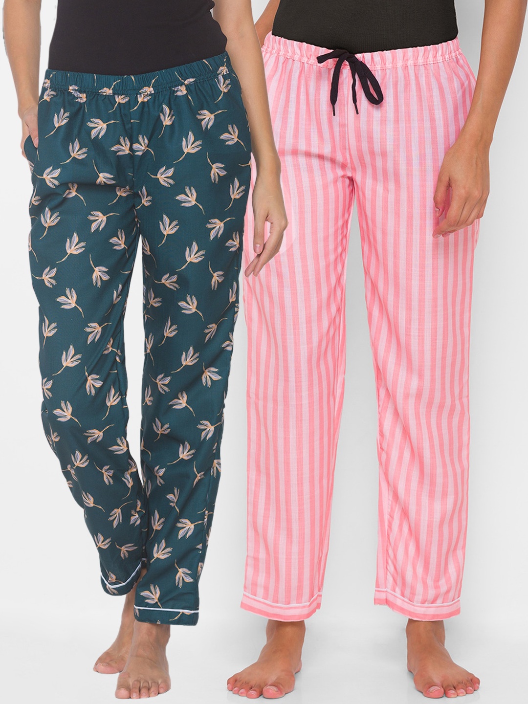 

FashionRack Women Pack Of 2 Printed Cotton Lounge Pants, Green