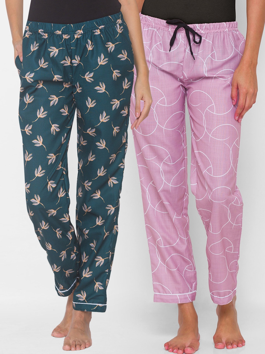 

FashionRack Women Pack of 2 Green & Pink Printed Cotton Lounge Pants