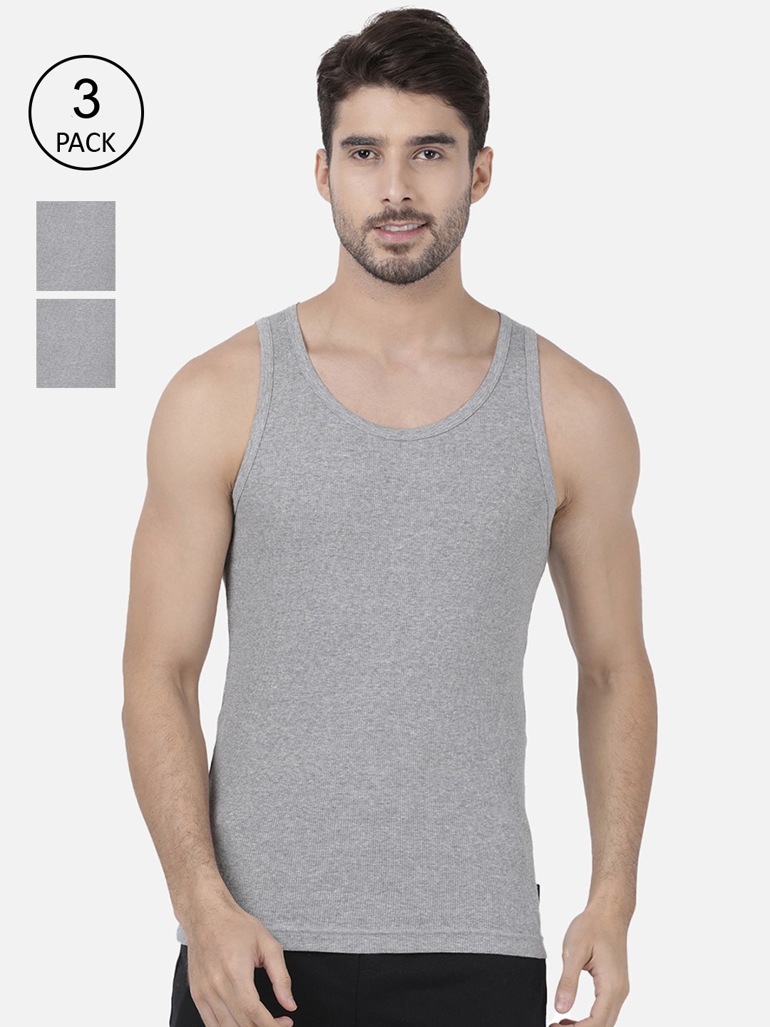 

one8 by Virat Kohli Men Pack Of 3 Grey Melange Solid Cotton Innerwear Vests