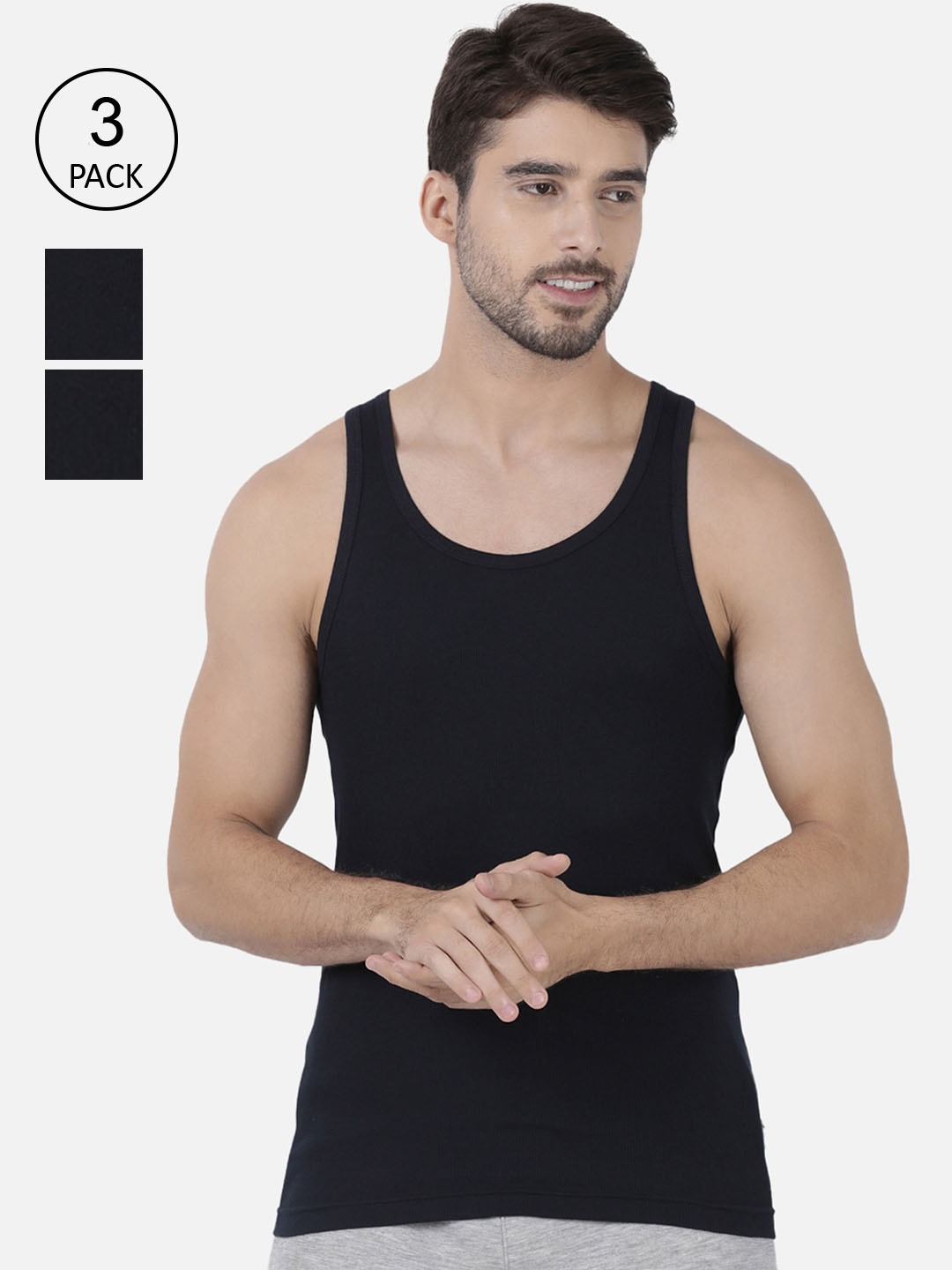 

one8 by Virat Kohli Men Black Pack of 3 Solid Cotton Rib Innerwear Vest, Navy blue