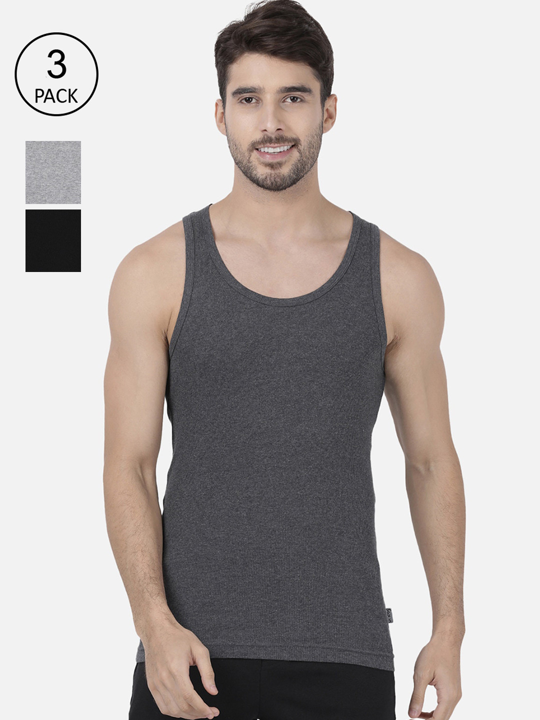 

One8 by Virat Kohli Men Pack of 3 Solid Pure Cotton Innerwear Vests, Charcoal