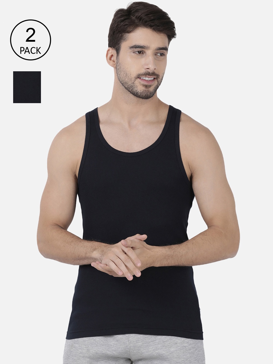 

one8 by Virat Kohli Men Pack Of 2 Solid Cotton Innerwear Vests, Navy blue